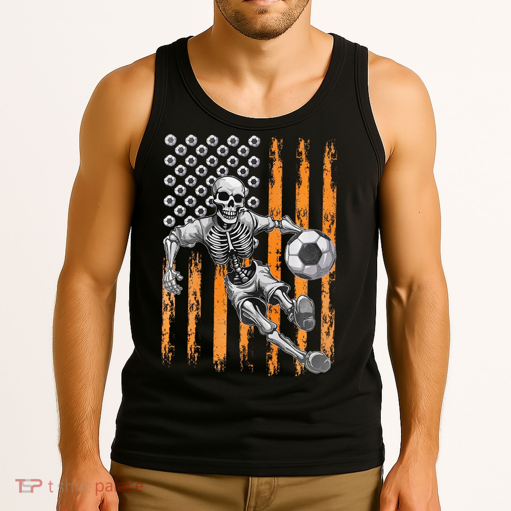 Retro Skeleton Playing Soccer USA Flag Halloween Tank Top