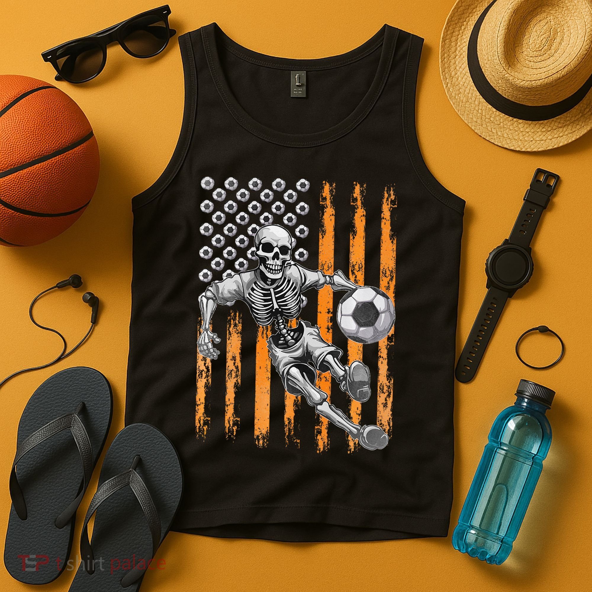 Retro Skeleton Playing Soccer USA Flag Halloween Tank Top