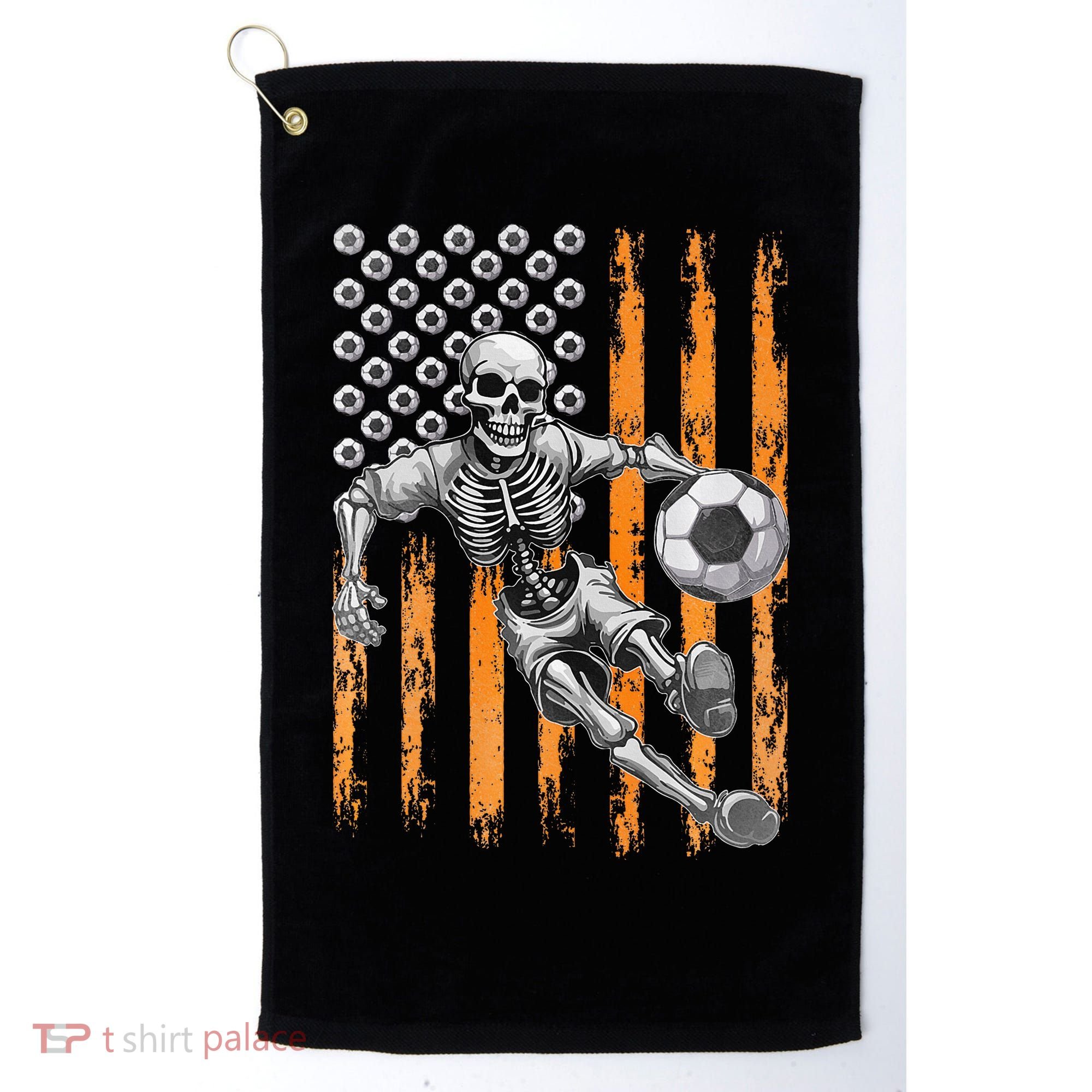 Retro Skeleton Playing Soccer USA Flag Halloween Golf Towel