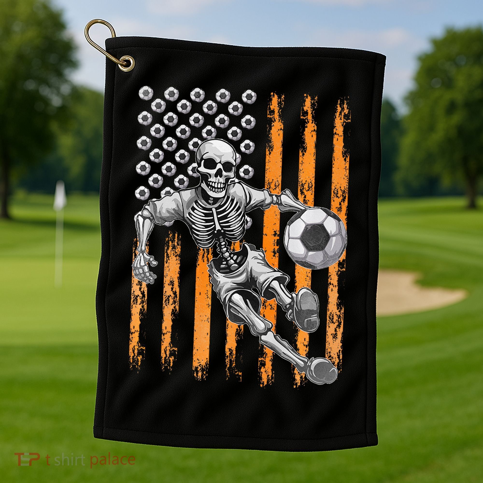 Retro Skeleton Playing Soccer USA Flag Halloween Golf Towel