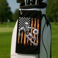 Retro Skeleton Playing Soccer USA Flag Halloween Golf Towel thumb 2