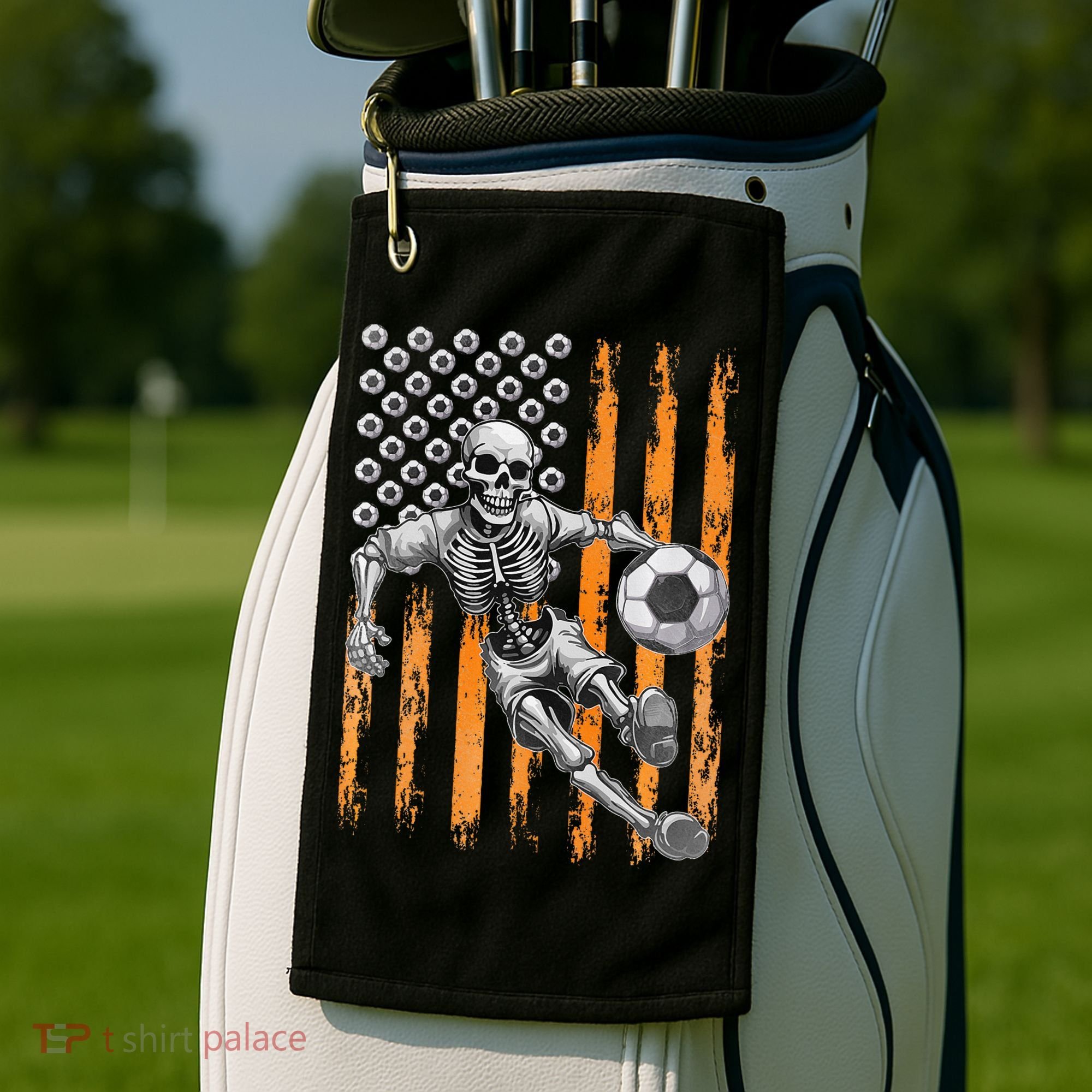 Retro Skeleton Playing Soccer USA Flag Halloween Golf Towel