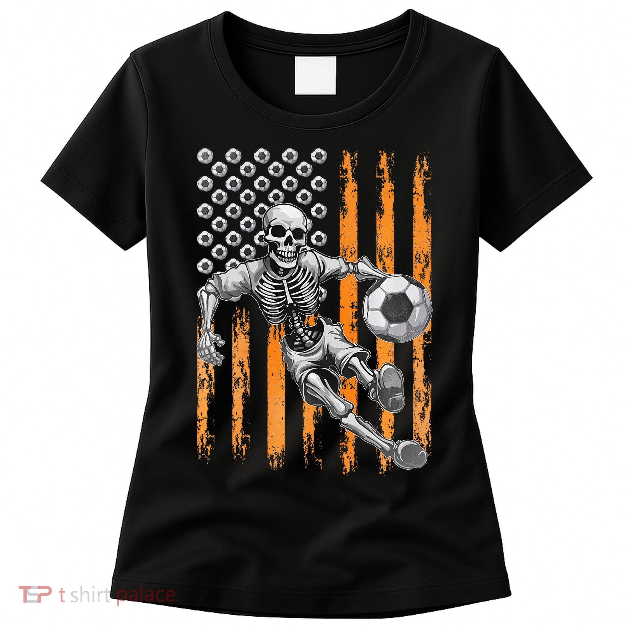 Retro Skeleton Playing Soccer USA Flag Halloween Women's T-Shirt
