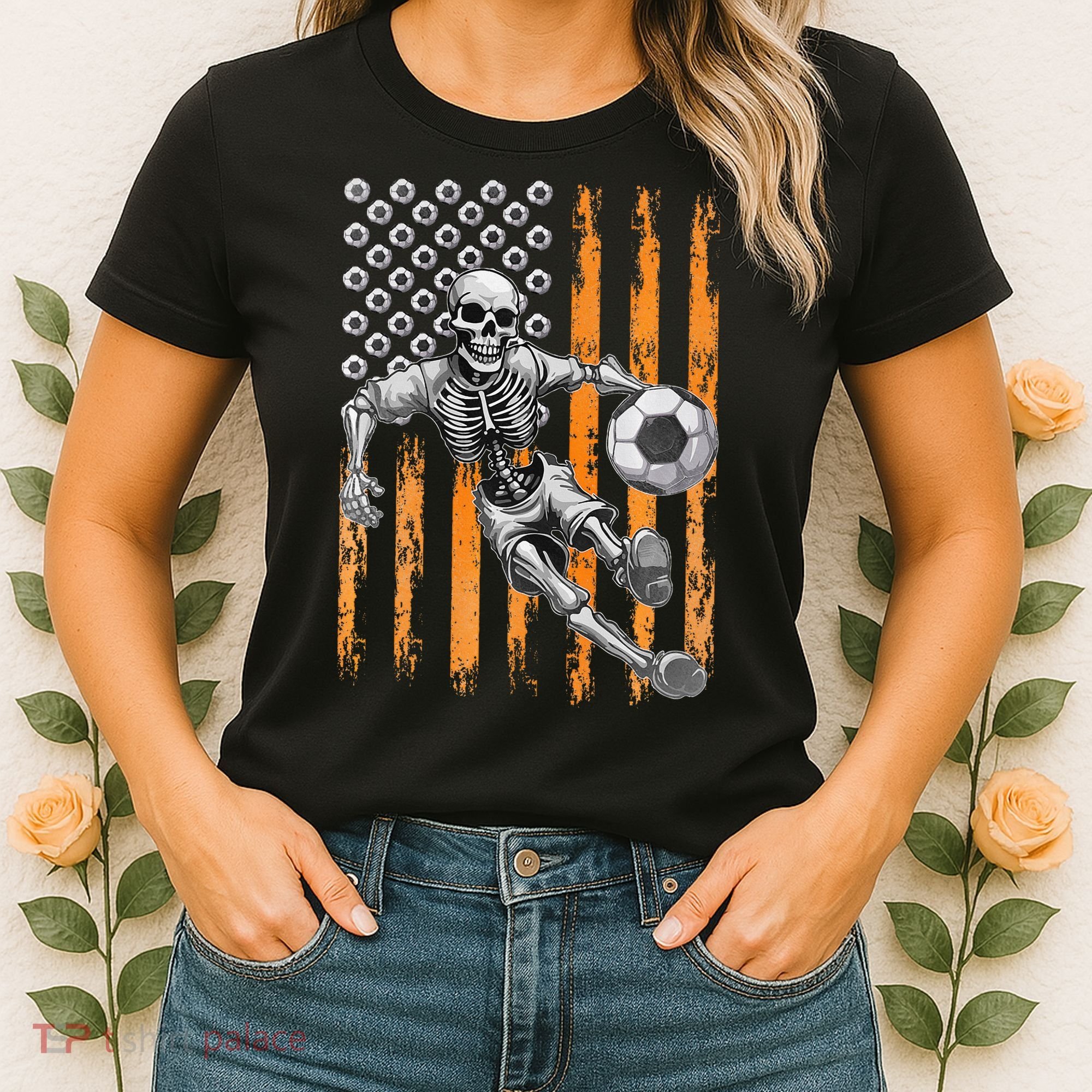 Retro Skeleton Playing Soccer USA Flag Halloween Women's T-Shirt