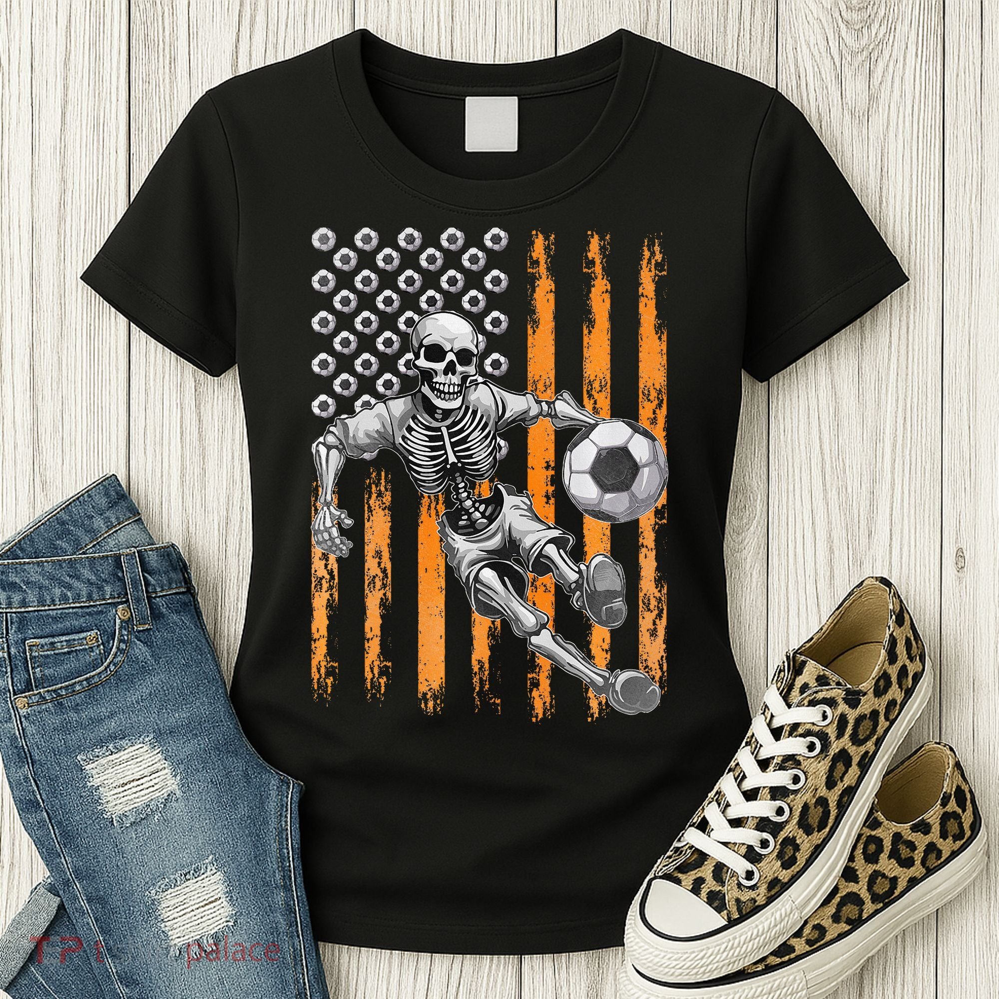 Retro Skeleton Playing Soccer USA Flag Halloween Women's T-Shirt