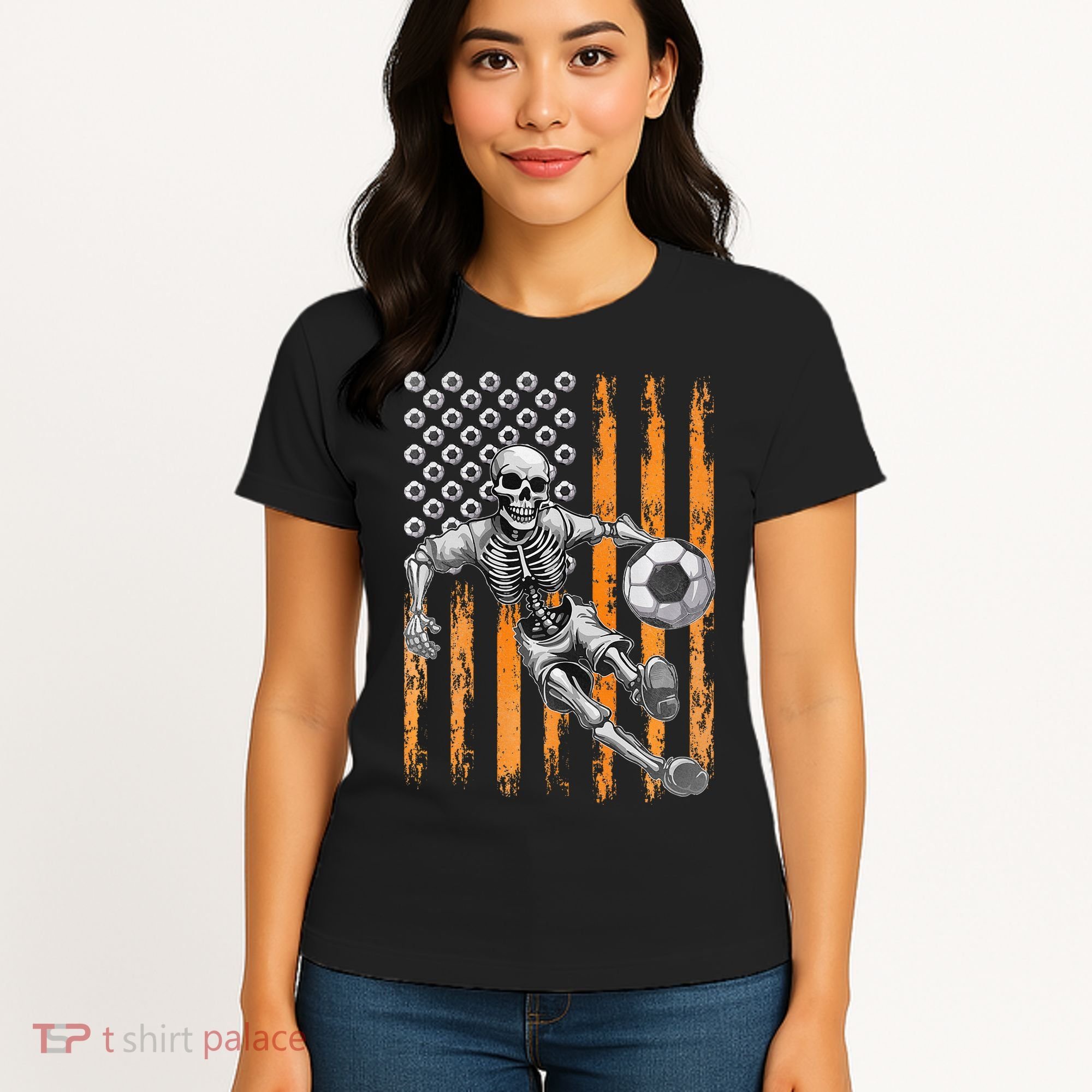 Retro Skeleton Playing Soccer USA Flag Halloween Women's T-Shirt