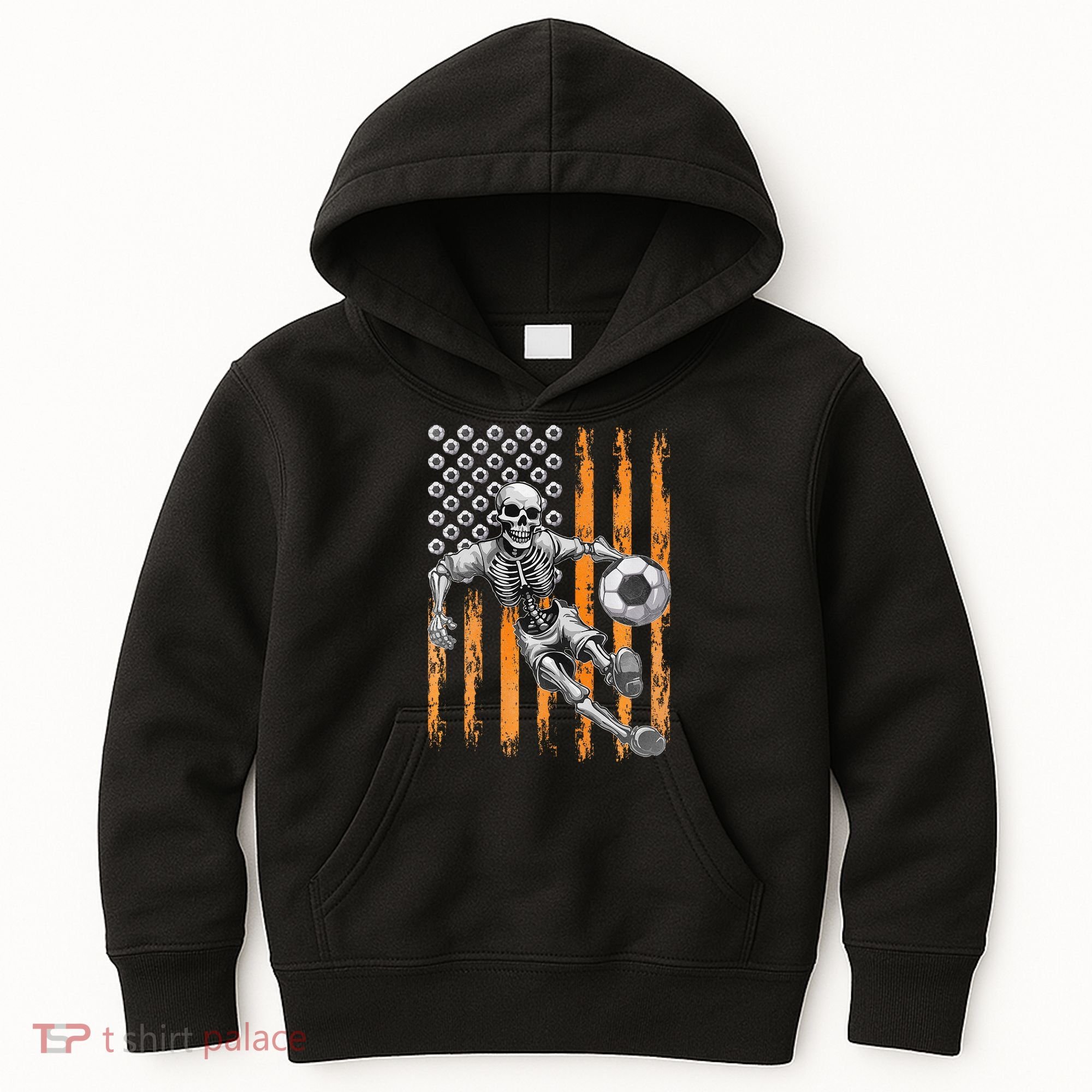 Retro Skeleton Playing Soccer USA Flag Halloween Kids Hoodie
