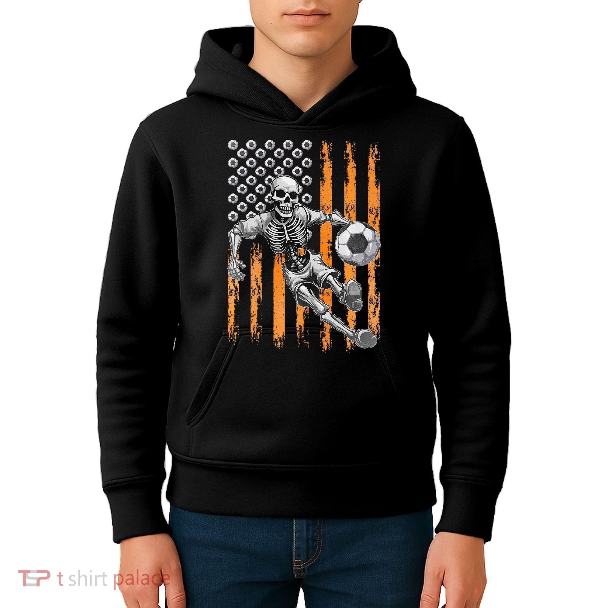 Retro Skeleton Playing Soccer USA Flag Halloween Kids Hoodie