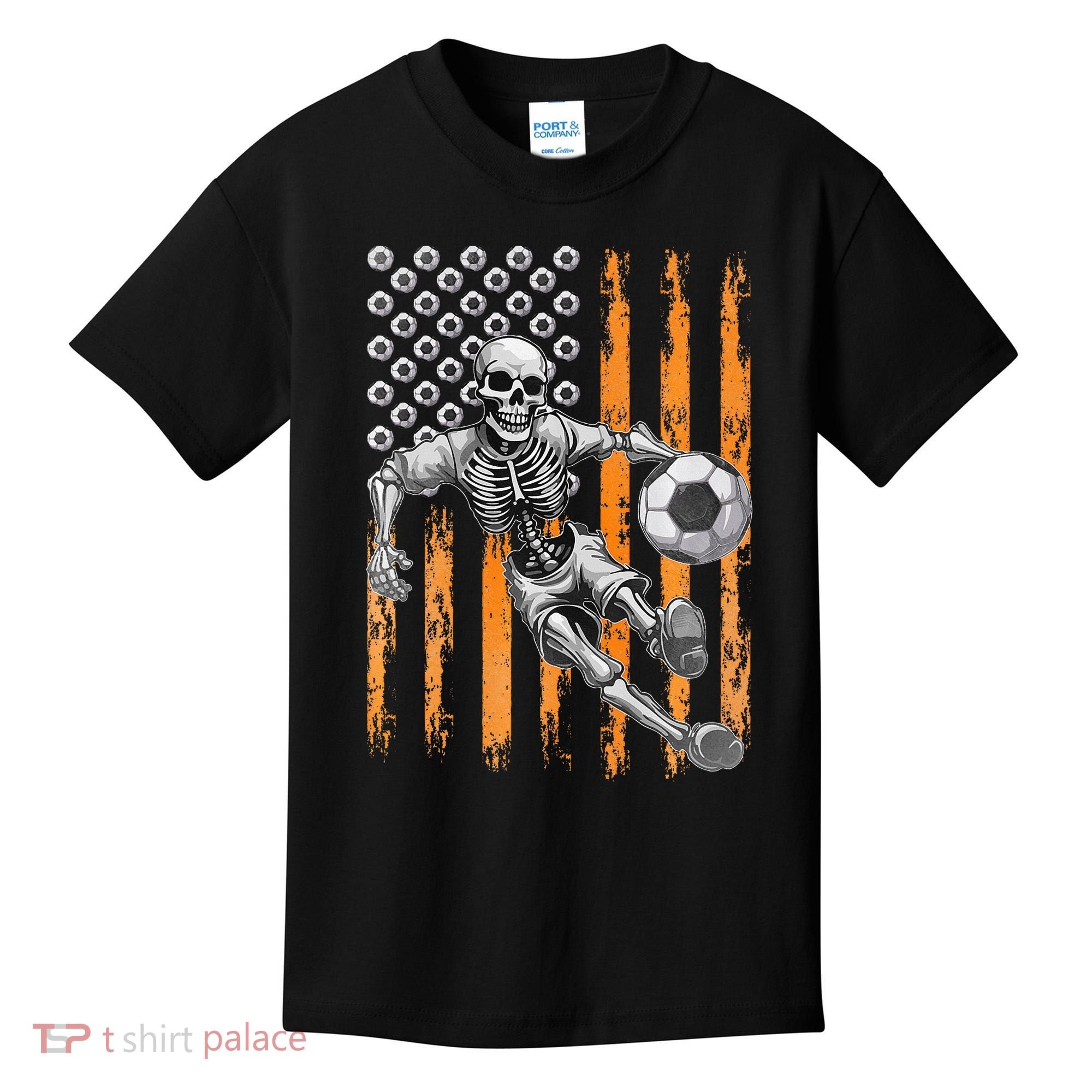 Retro Skeleton Playing Soccer USA Flag Halloween Kids T-Shirt