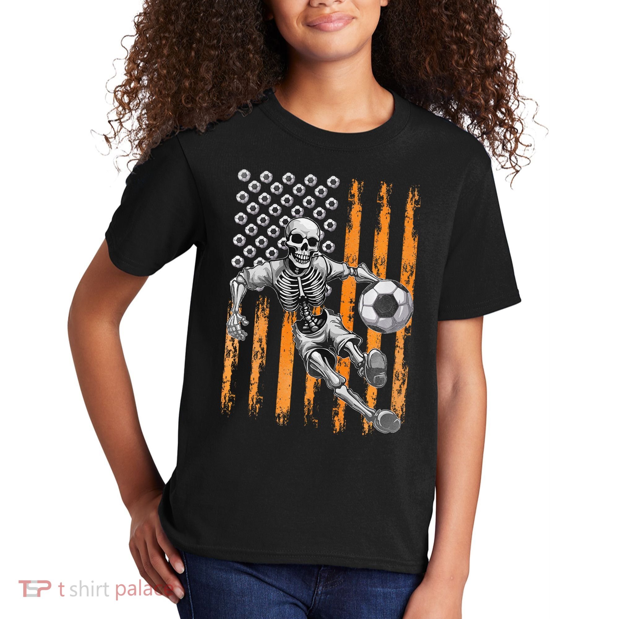 Retro Skeleton Playing Soccer USA Flag Halloween Kids T-Shirt