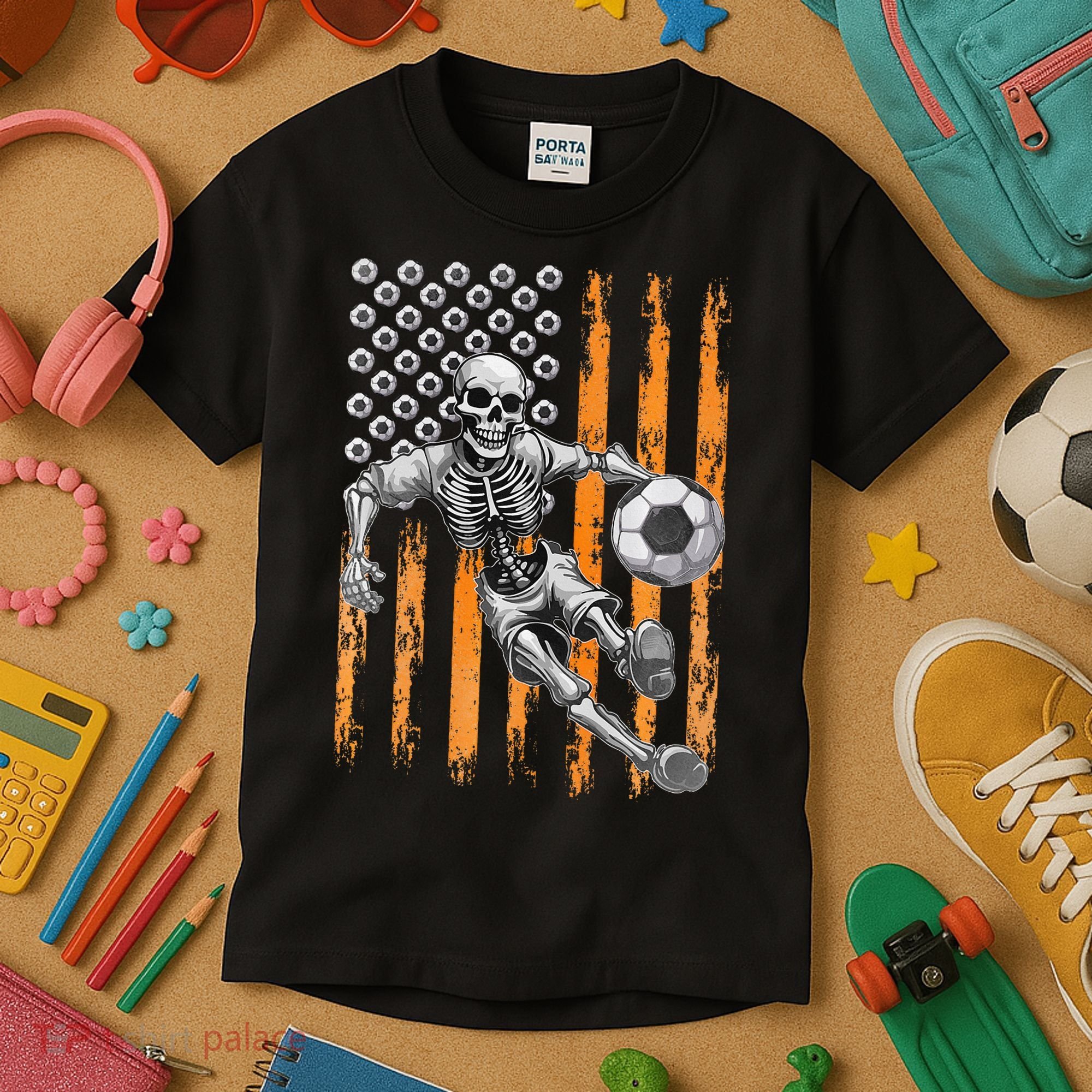 Retro Skeleton Playing Soccer USA Flag Halloween Kids T-Shirt