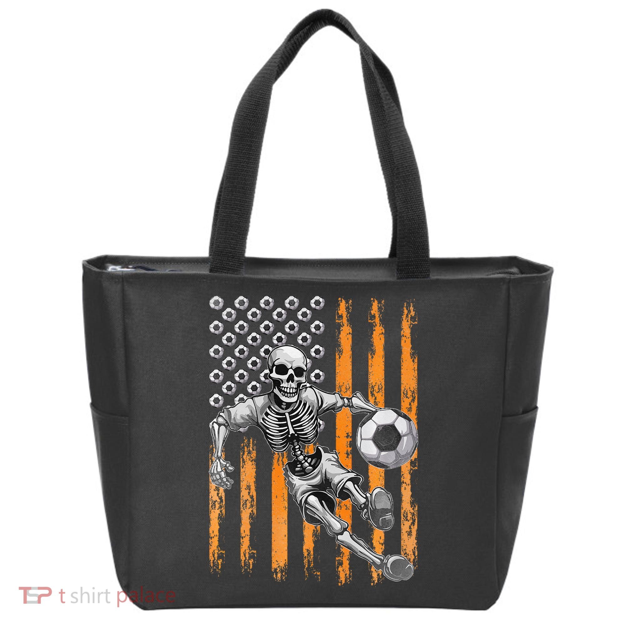 Retro Skeleton Playing Soccer USA Flag Halloween Tote Bag