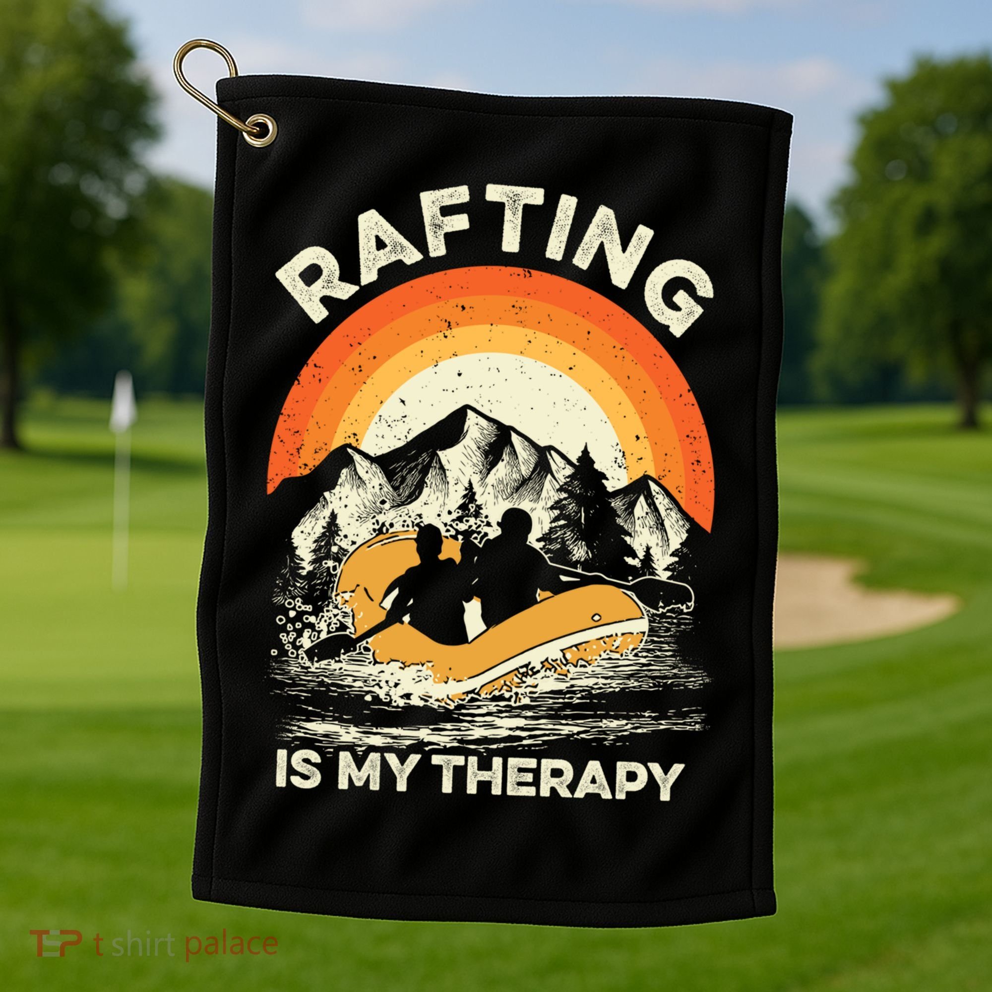 Retro Sunset River I Rafting Gift Golf Towel