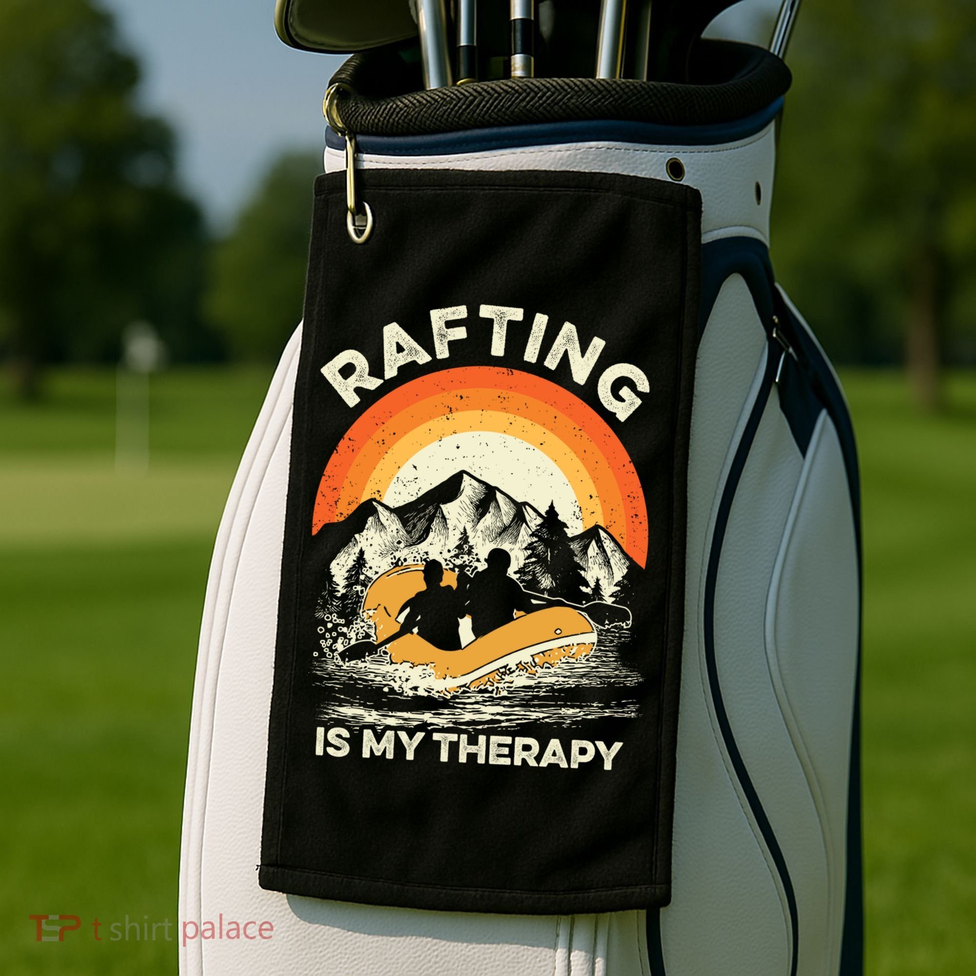 Retro Sunset River I Rafting Gift Golf Towel
