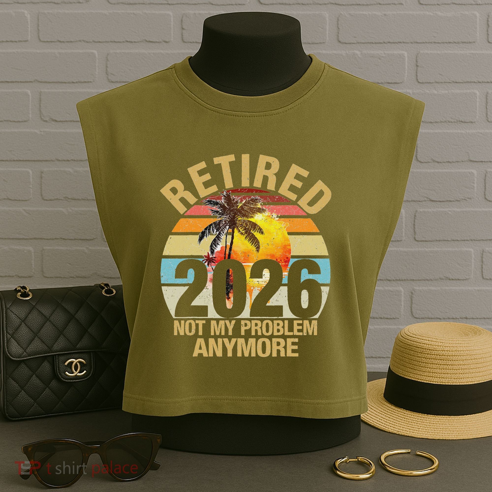 Retro Sunset Retired 2026 Not My Problem Anymore Retirement Garment-Dyed Women's Muscle Tee