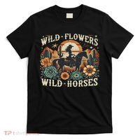 Retro Southern Sunset Cowgirl Wild Flowers Wild Horses T-Shirt thumb 0