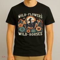 Retro Southern Sunset Cowgirl Wild Flowers Wild Horses T-Shirt thumb 3