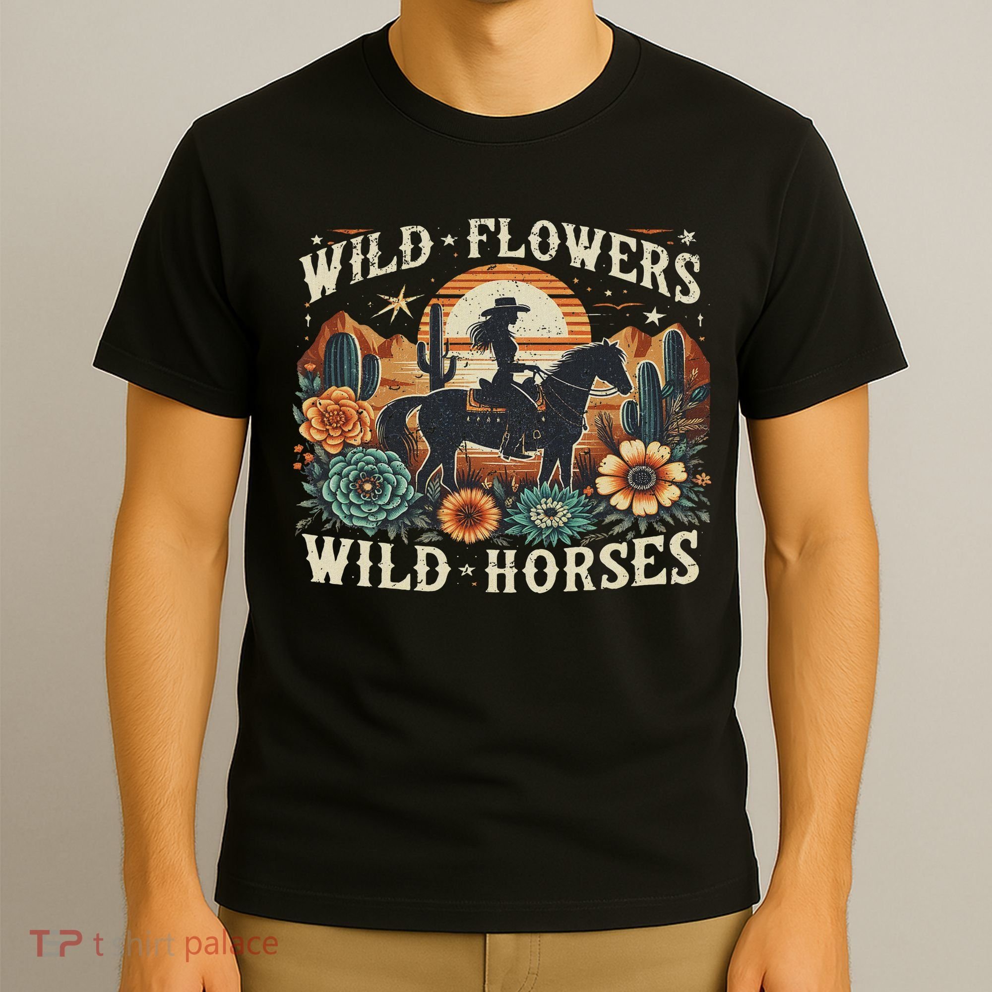 Retro Southern Sunset Cowgirl Wild Flowers Wild Horses T-Shirt