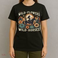 Retro Southern Sunset Cowgirl Wild Flowers Wild Horses T-Shirt thumb 4