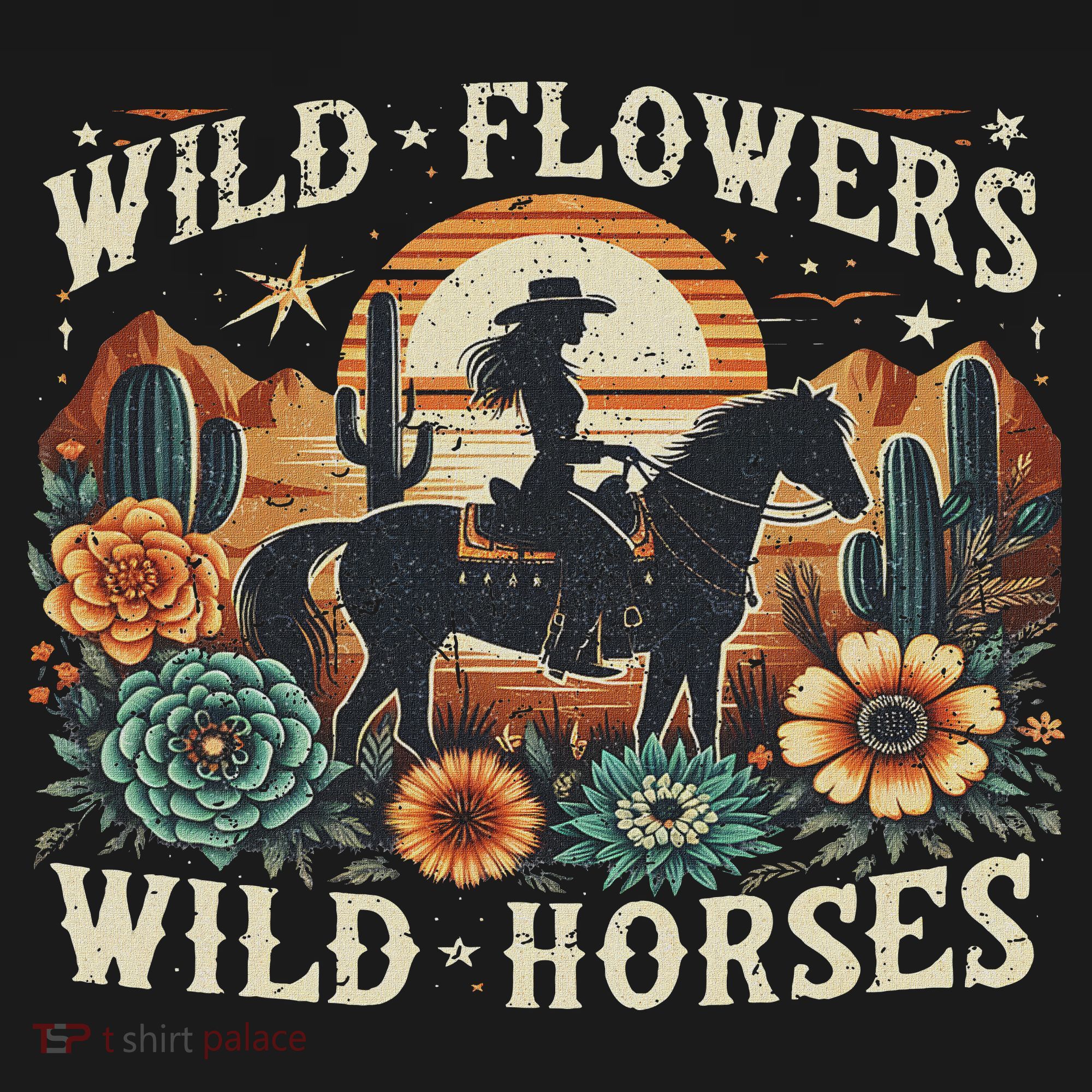 Retro Southern Sunset Cowgirl Wild Flowers Wild Horses T-Shirt