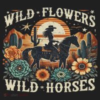 Retro Southern Sunset Cowgirl Wild Flowers Wild Horses Beanie thumb 2