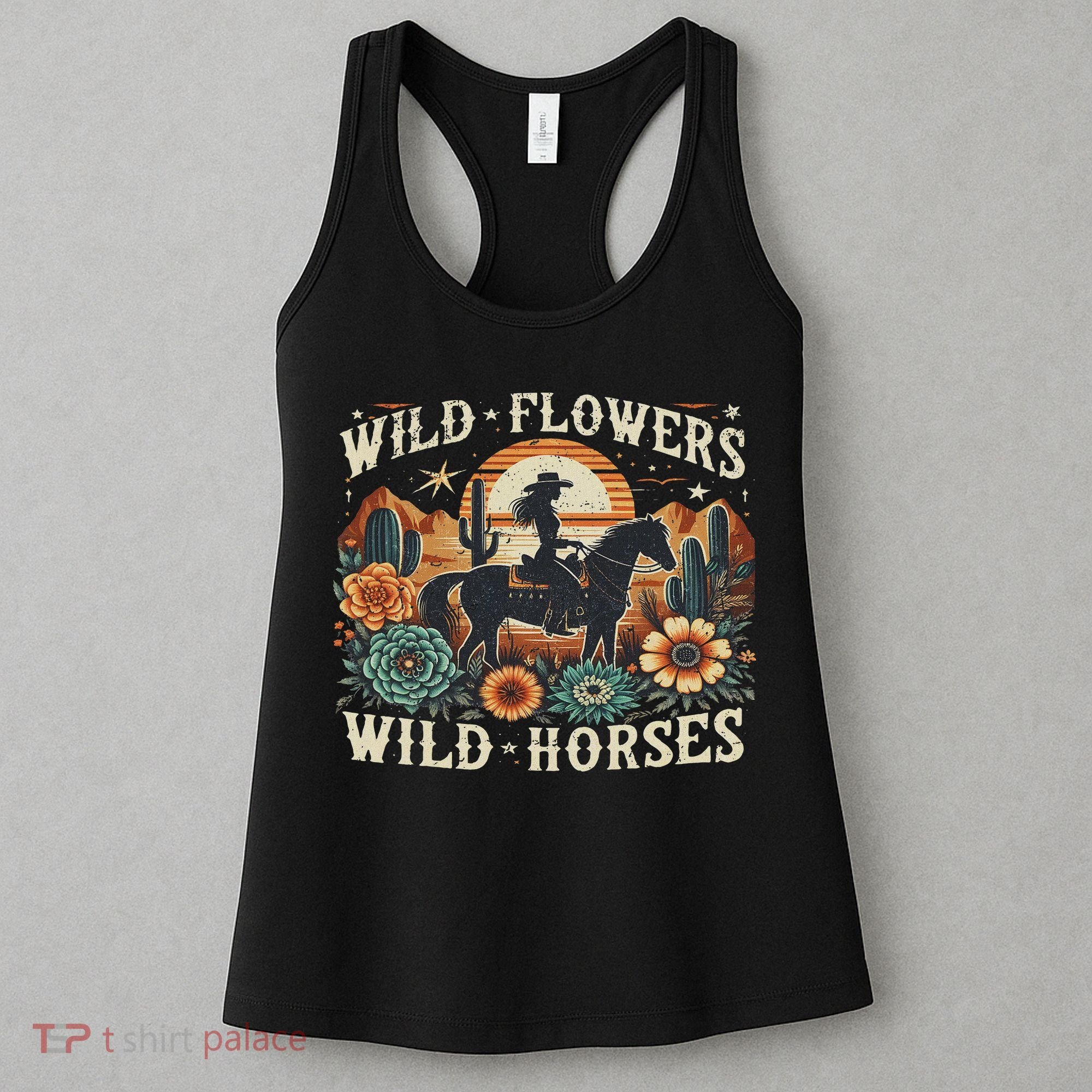 Retro Southern Sunset Cowgirl Wild Flowers Wild Horses Women's Tank Top