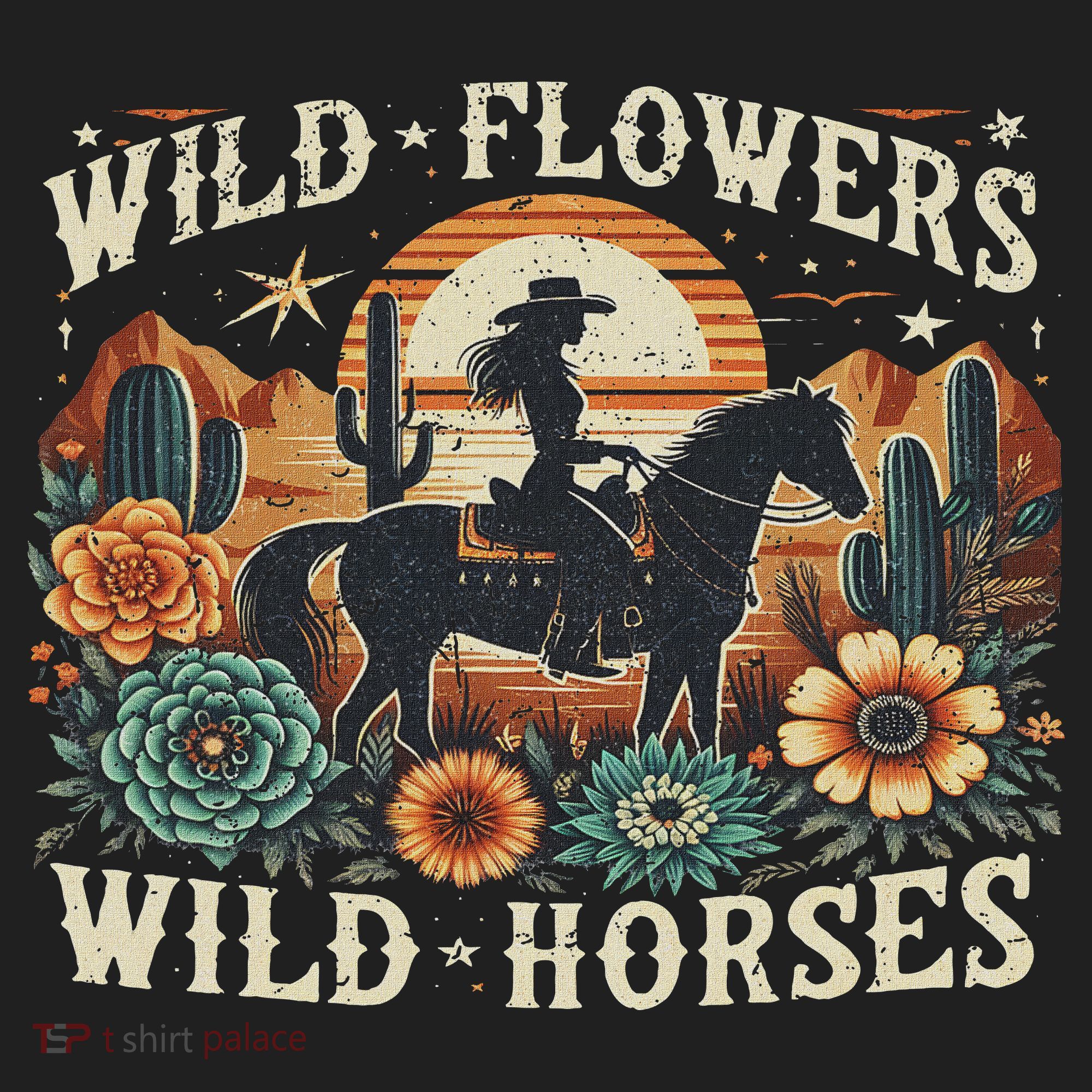 Retro Southern Sunset Cowgirl Wild Flowers Wild Horses Hat