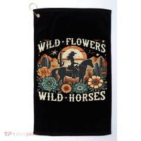 Retro Southern Sunset Cowgirl Wild Flowers Wild Horses Golf Towel thumb 0