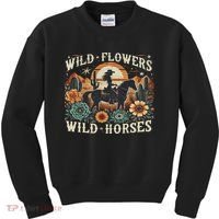 Retro Southern Sunset Cowgirl Wild Flowers Wild Horses Kids Sweatshirt thumb 0