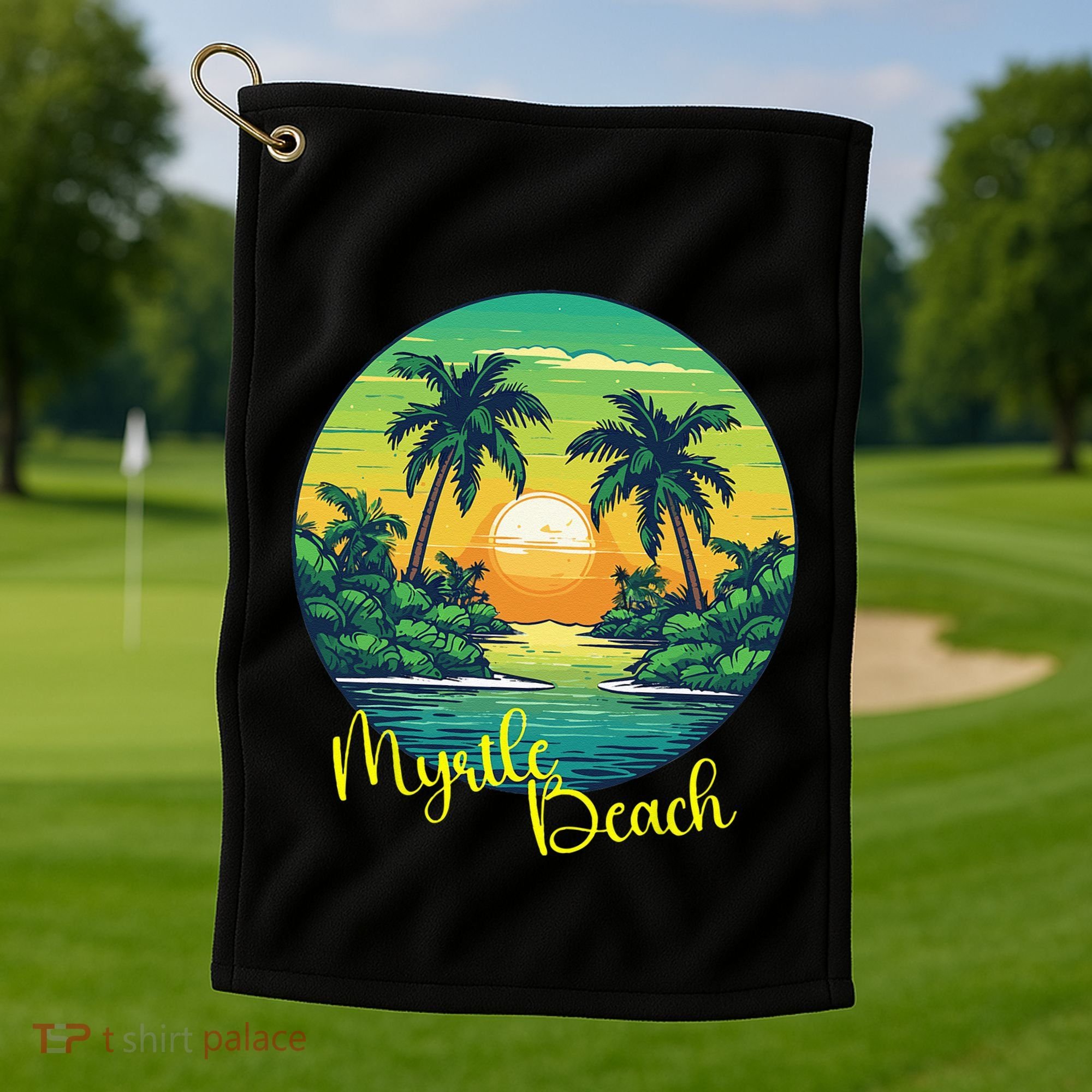 Retro Sunset South Carolina Myrtle Beach Palm Trees Golf Towel