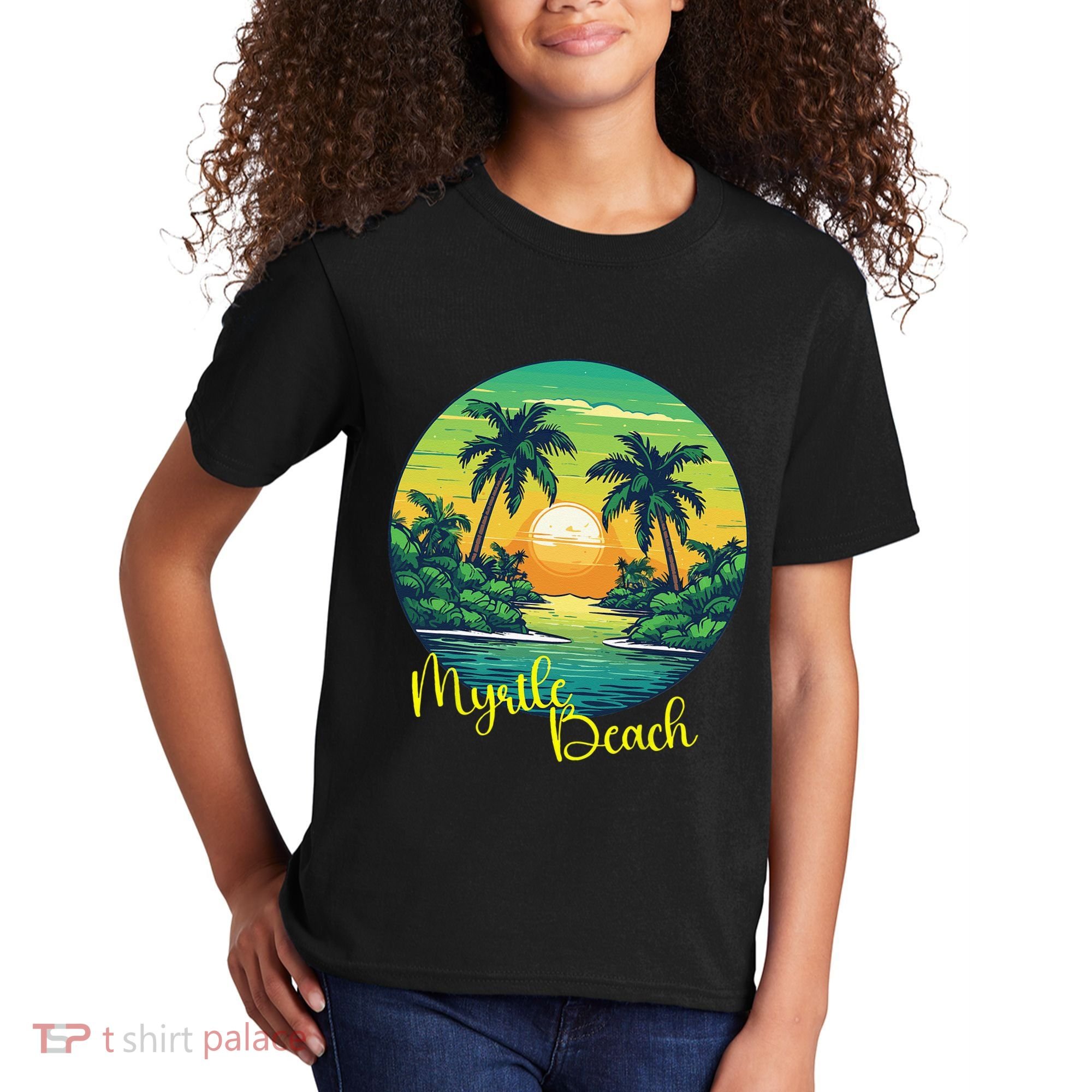 Retro Sunset South Carolina Myrtle Beach Palm Trees Kids T-Shirt