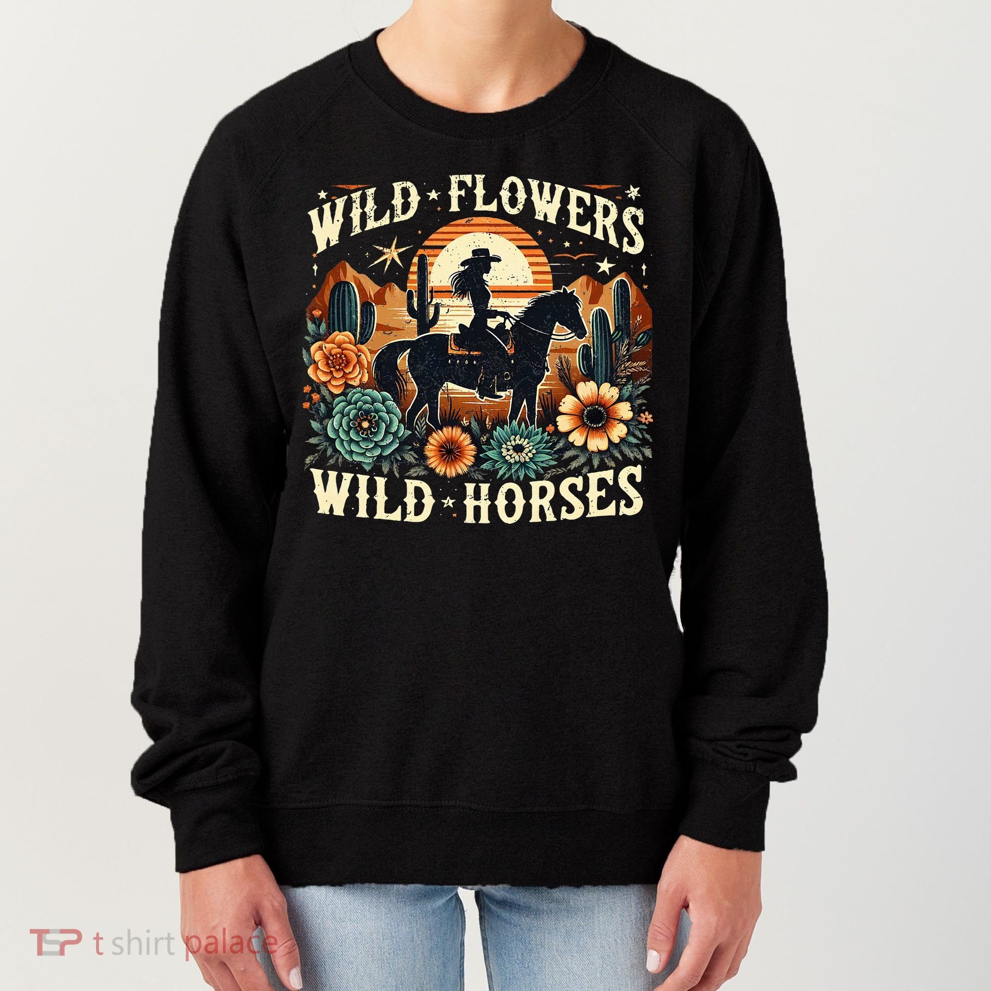 Retro Southern Sunset Cowgirl Wild Flowers Wild Horses Women's Sweatshirt