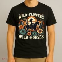 Retro Southern Sunset Cowgirl Wild Flowers Wild Horses T-Shirt thumb 3