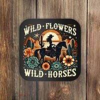 Retro Southern Sunset Cowgirl Wild Flowers Wild Horses Coaster thumb 0
