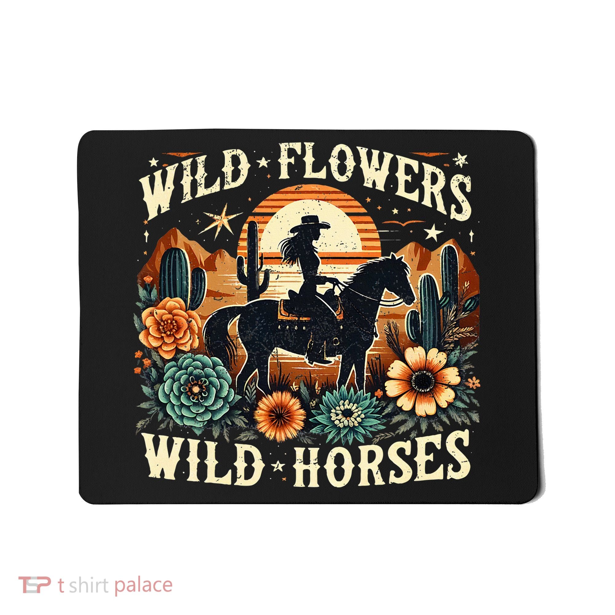 Retro Southern Sunset Cowgirl Wild Flowers Wild Horses Mousepad