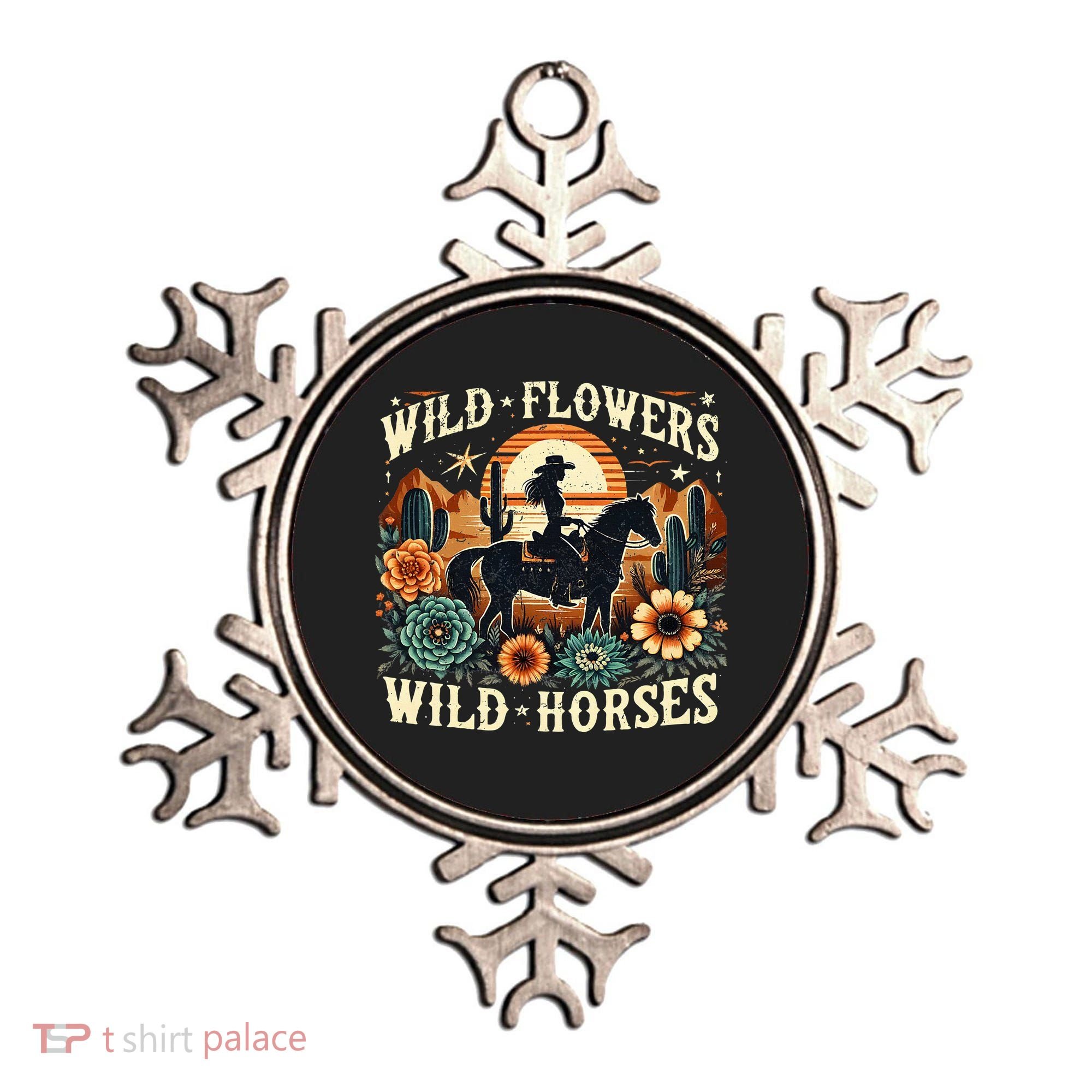 Retro Southern Sunset Cowgirl Wild Flowers Wild Horses Ornament