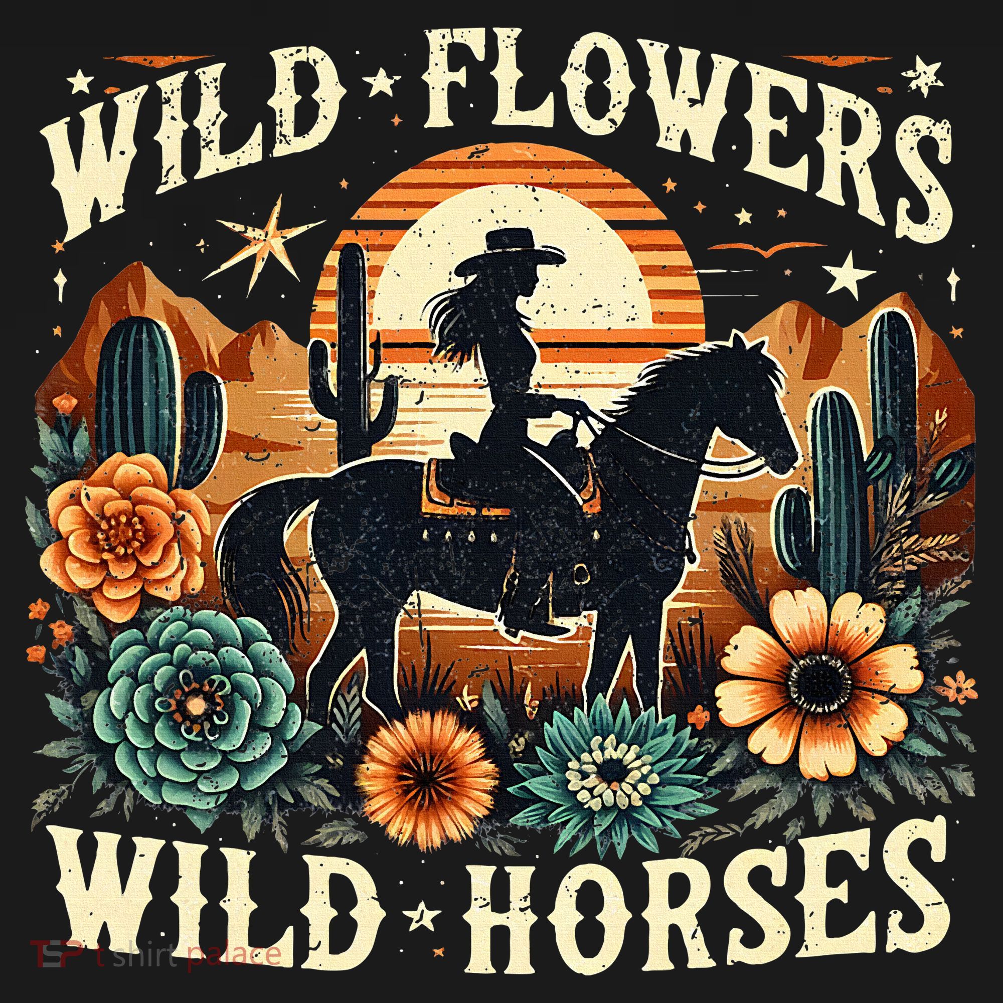 Retro Southern Sunset Cowgirl Wild Flowers Wild Horses Ornament