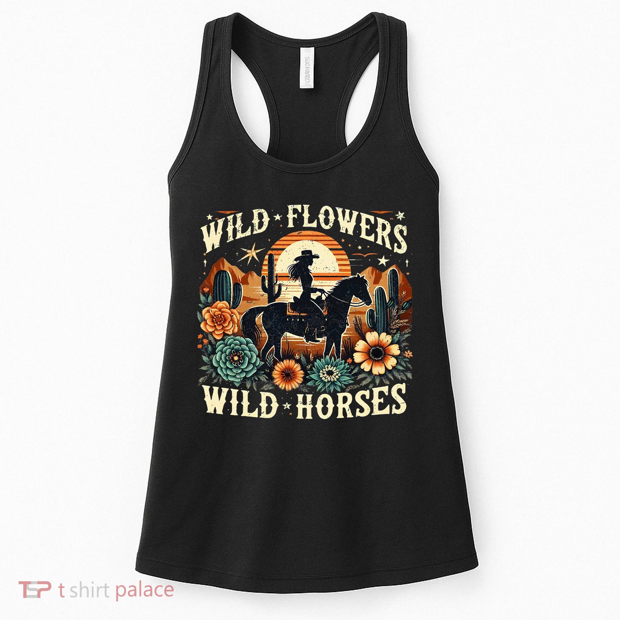 Retro Southern Sunset Cowgirl Wild Flowers Wild Horses Women's Tank Top