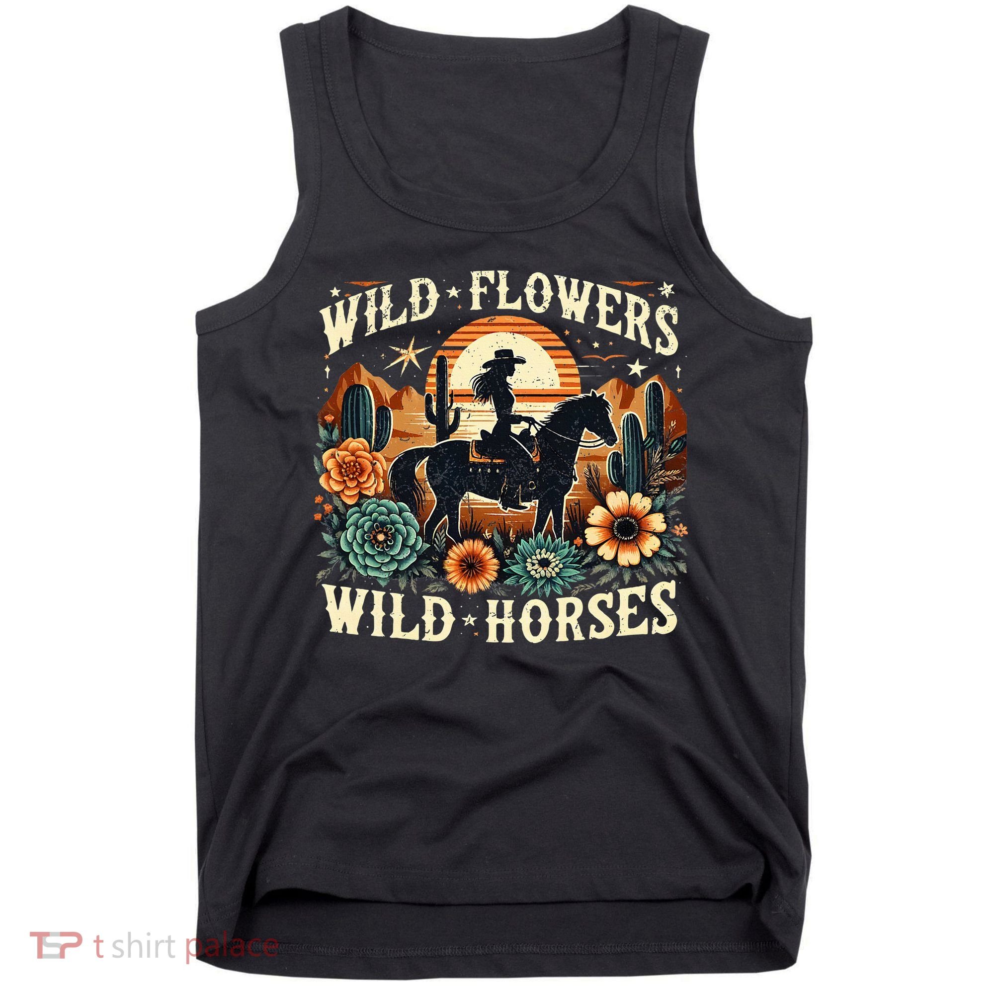 Retro Southern Sunset Cowgirl Wild Flowers Wild Horses Tank Top