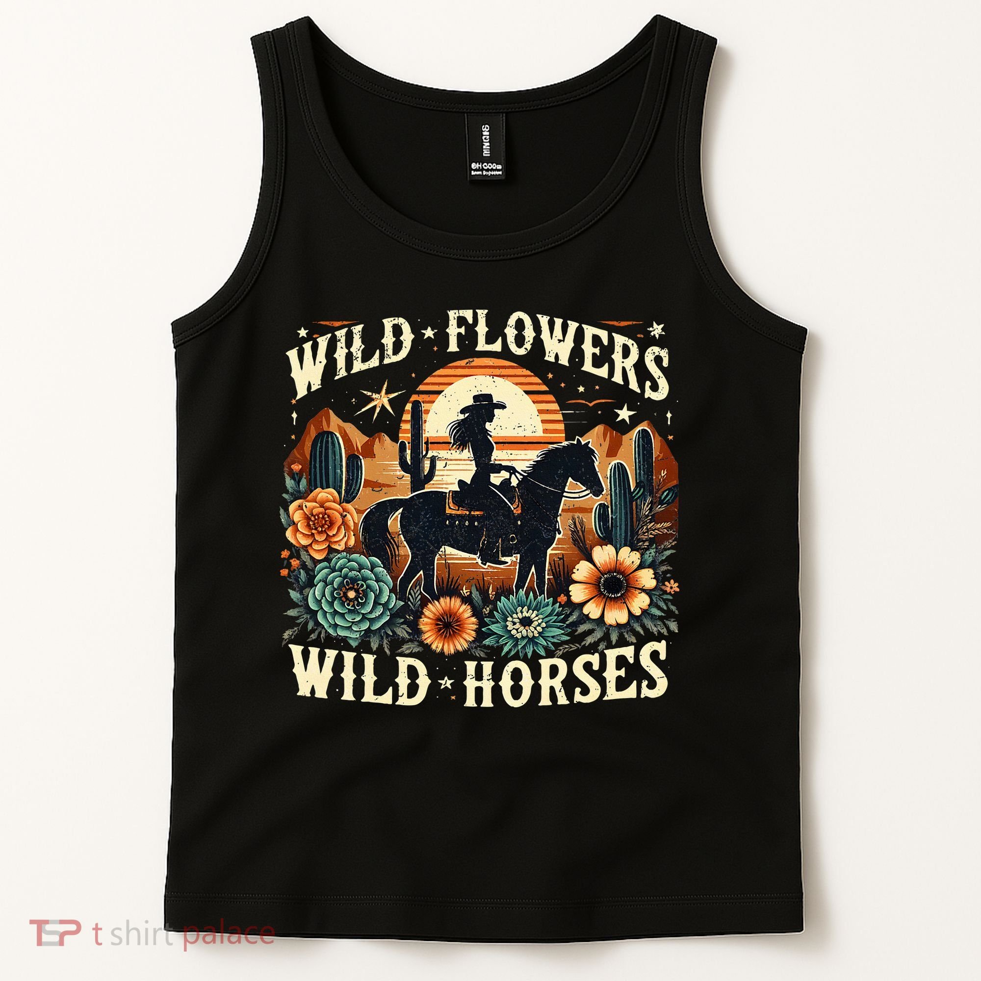 Retro Southern Sunset Cowgirl Wild Flowers Wild Horses Tank Top