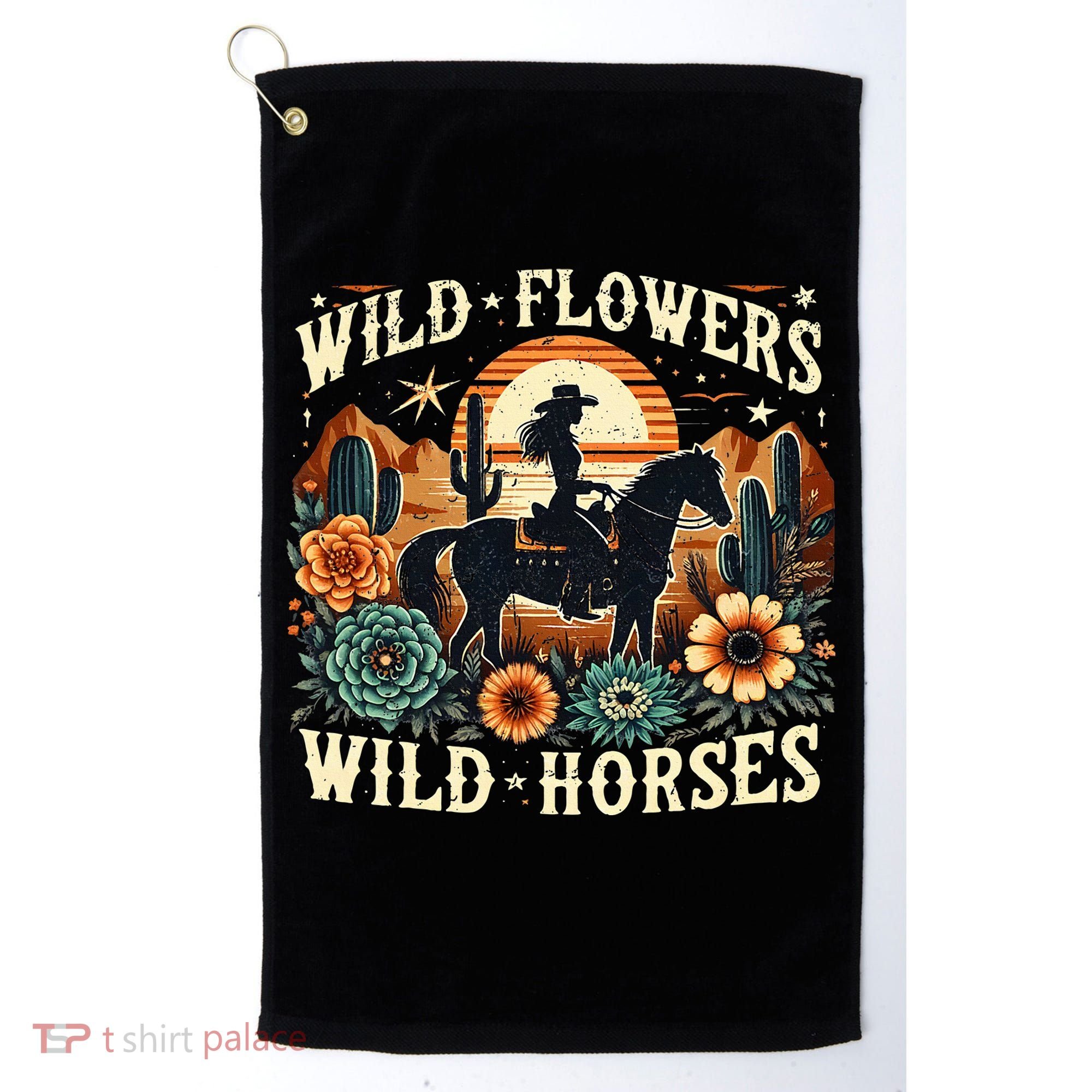 Retro Southern Sunset Cowgirl Wild Flowers Wild Horses Golf Towel