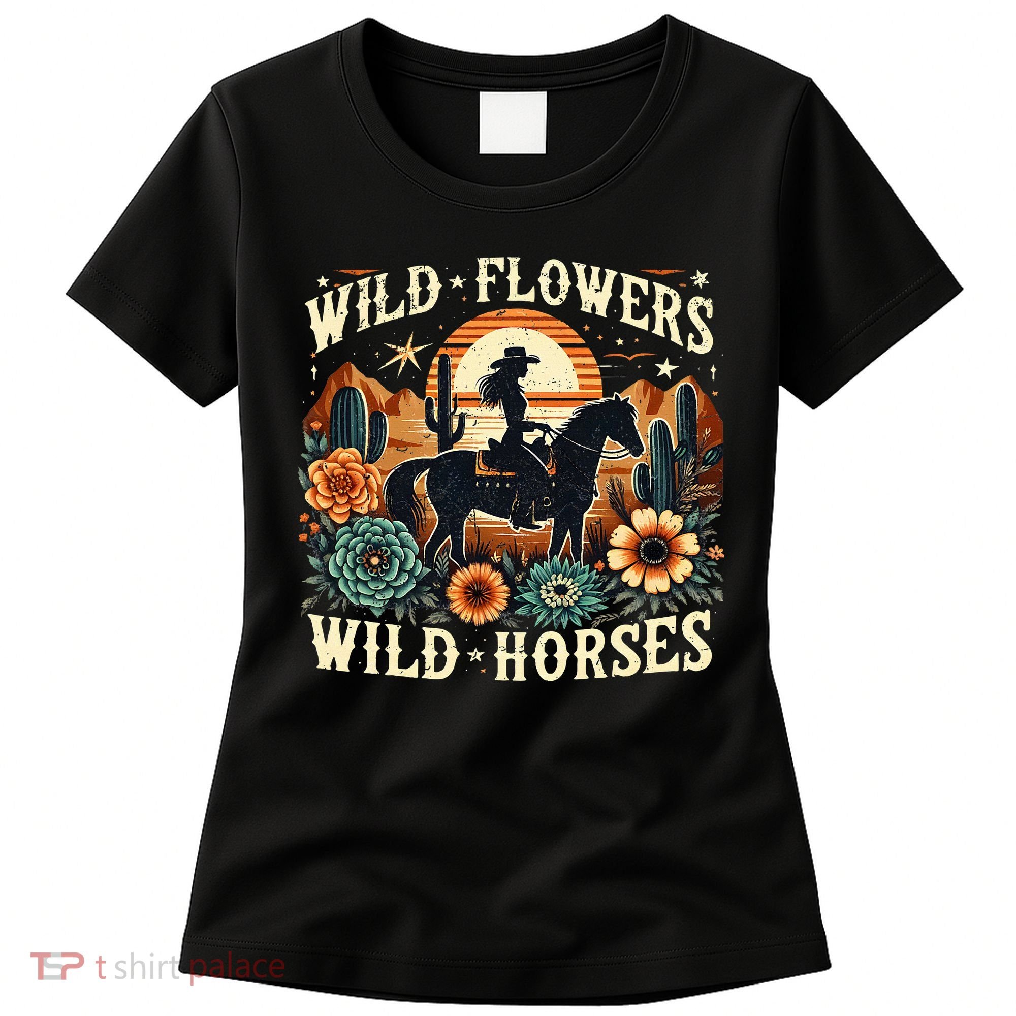 Retro Southern Sunset Cowgirl Wild Flowers Wild Horses Women's T-Shirt