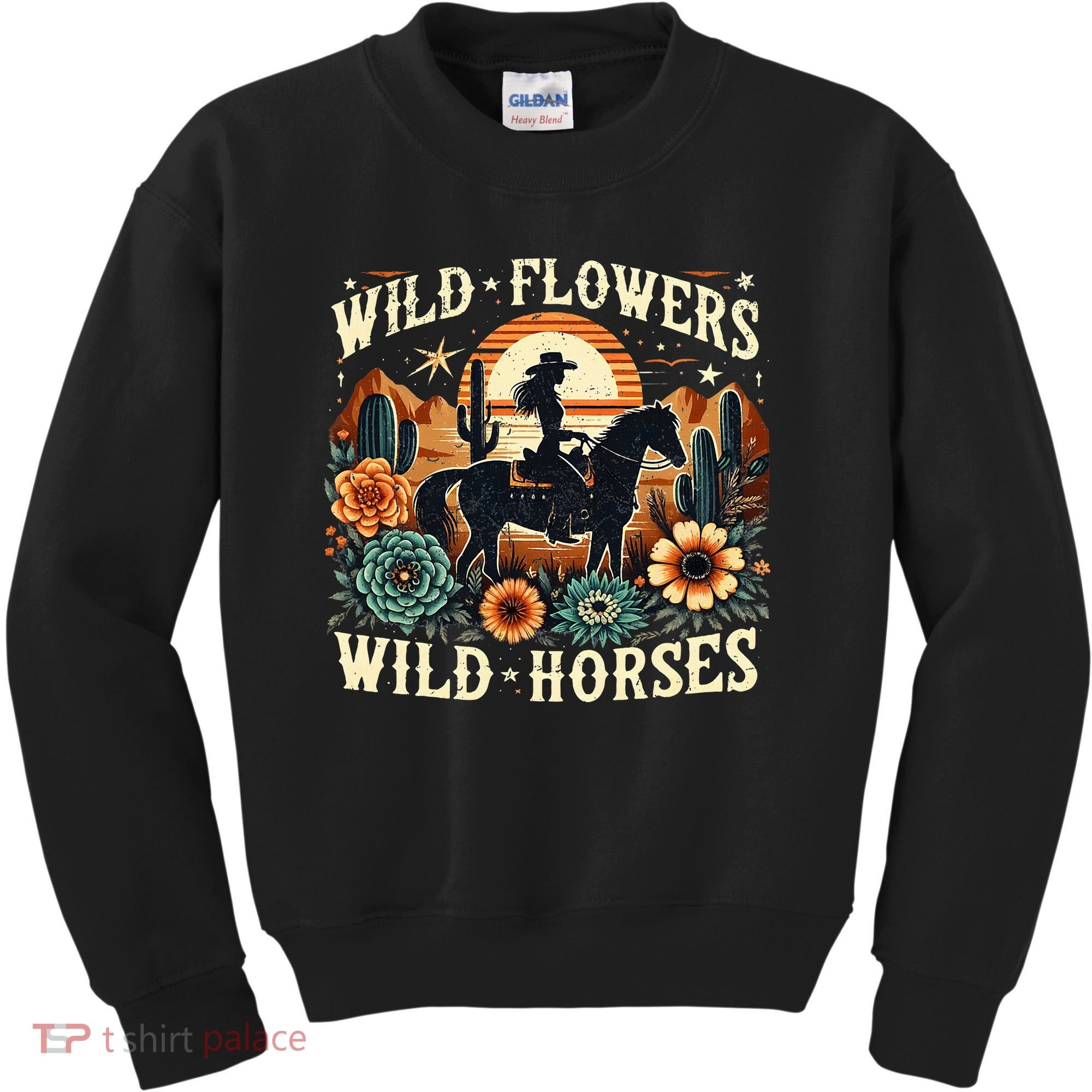 Retro Southern Sunset Cowgirl Wild Flowers Wild Horses Kids Sweatshirt