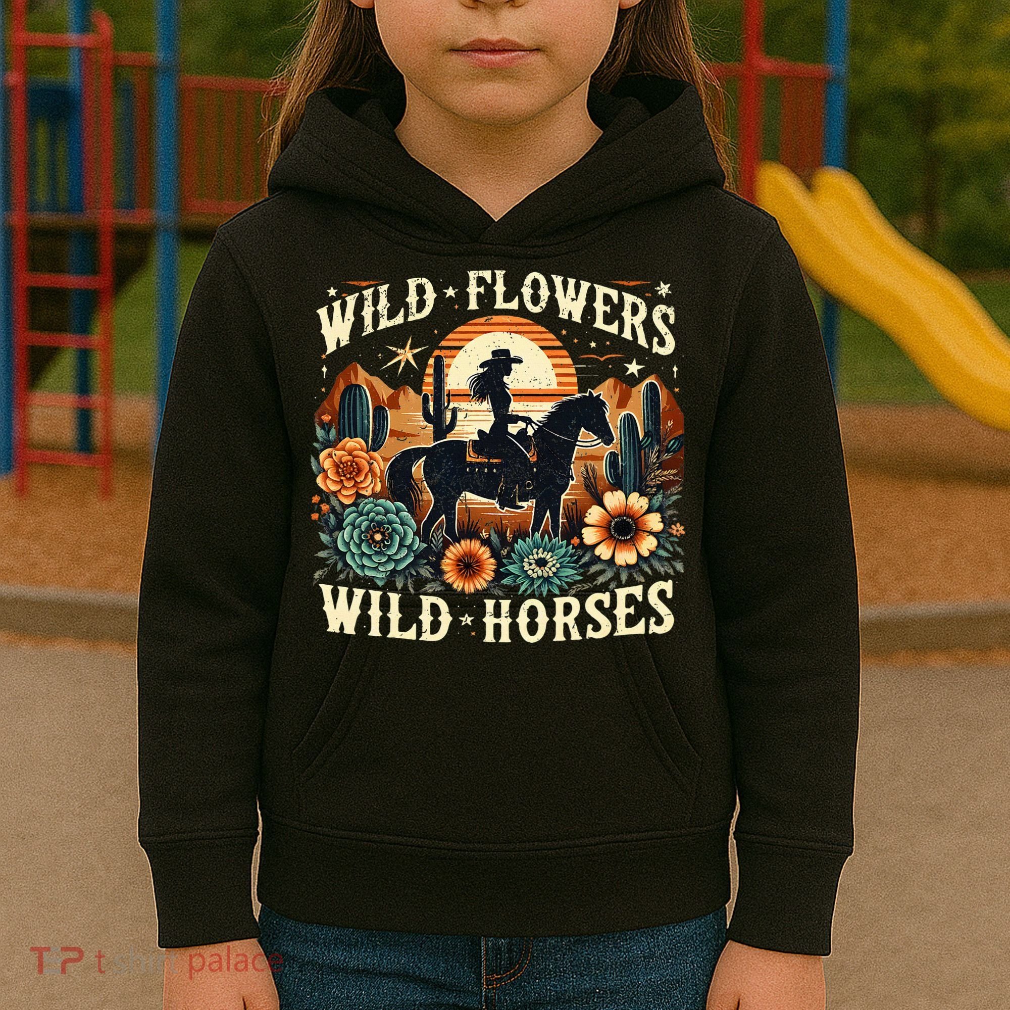 Retro Southern Sunset Cowgirl Wild Flowers Wild Horses Kids Hoodie