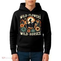 Retro Southern Sunset Cowgirl Wild Flowers Wild Horses Kids Hoodie thumb 4
