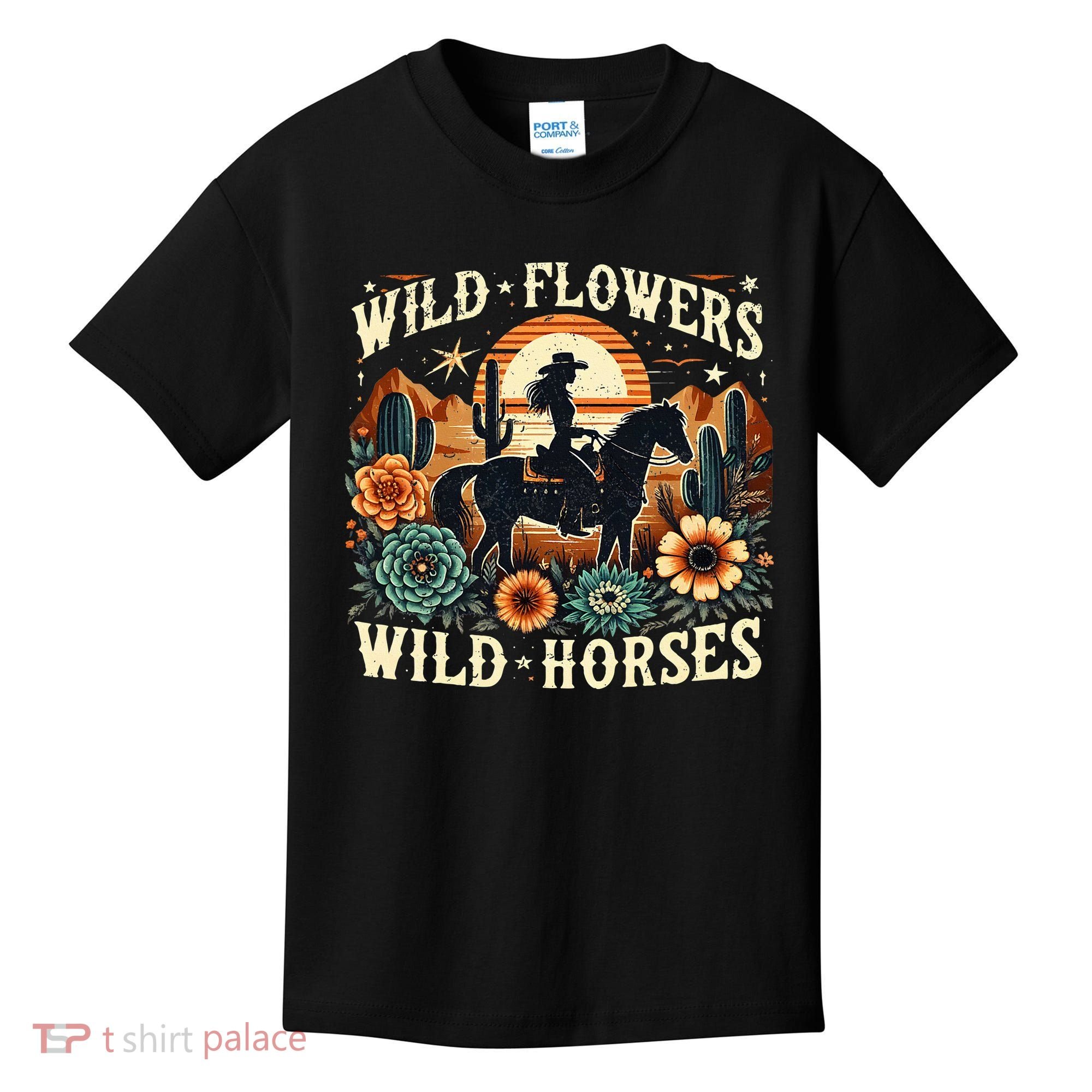 Retro Southern Sunset Cowgirl Wild Flowers Wild Horses Kids T-Shirt