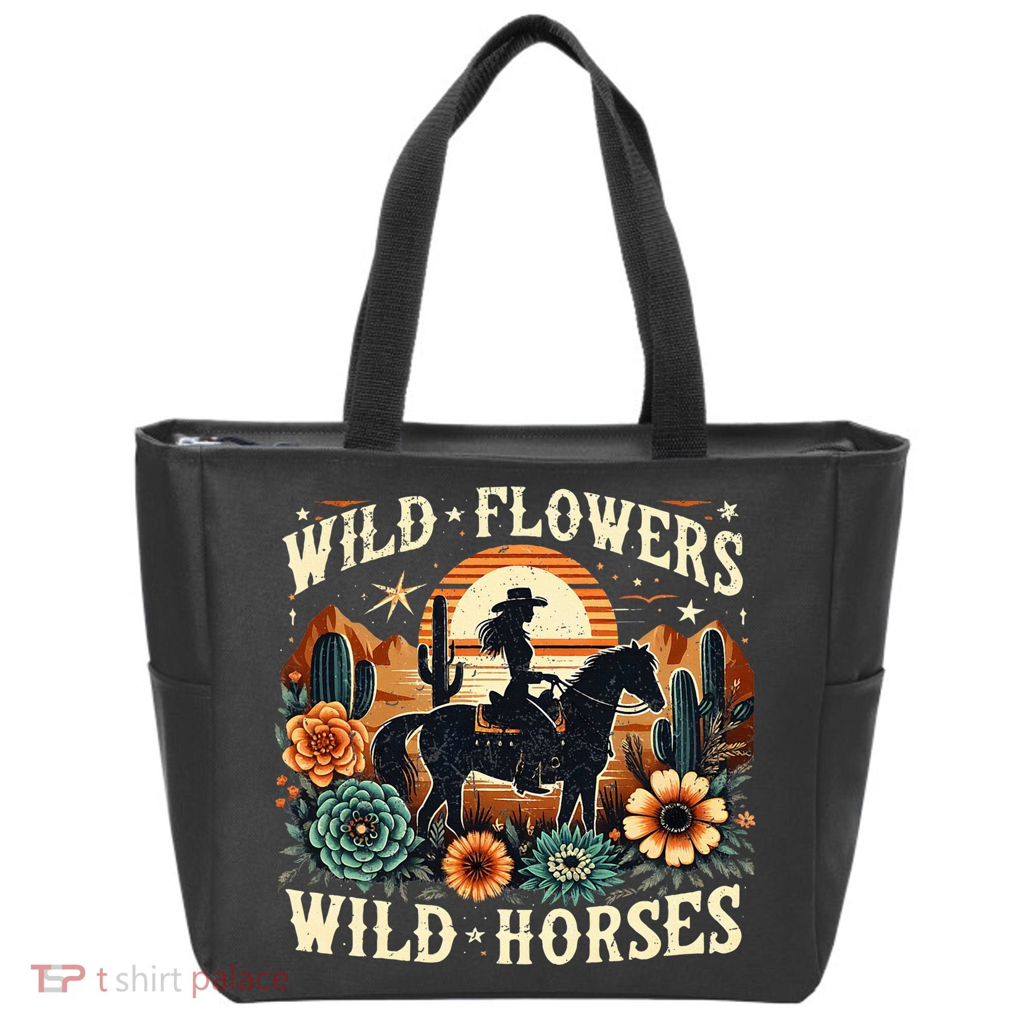 Retro Southern Sunset Cowgirl Wild Flowers Wild Horses Tote Bag