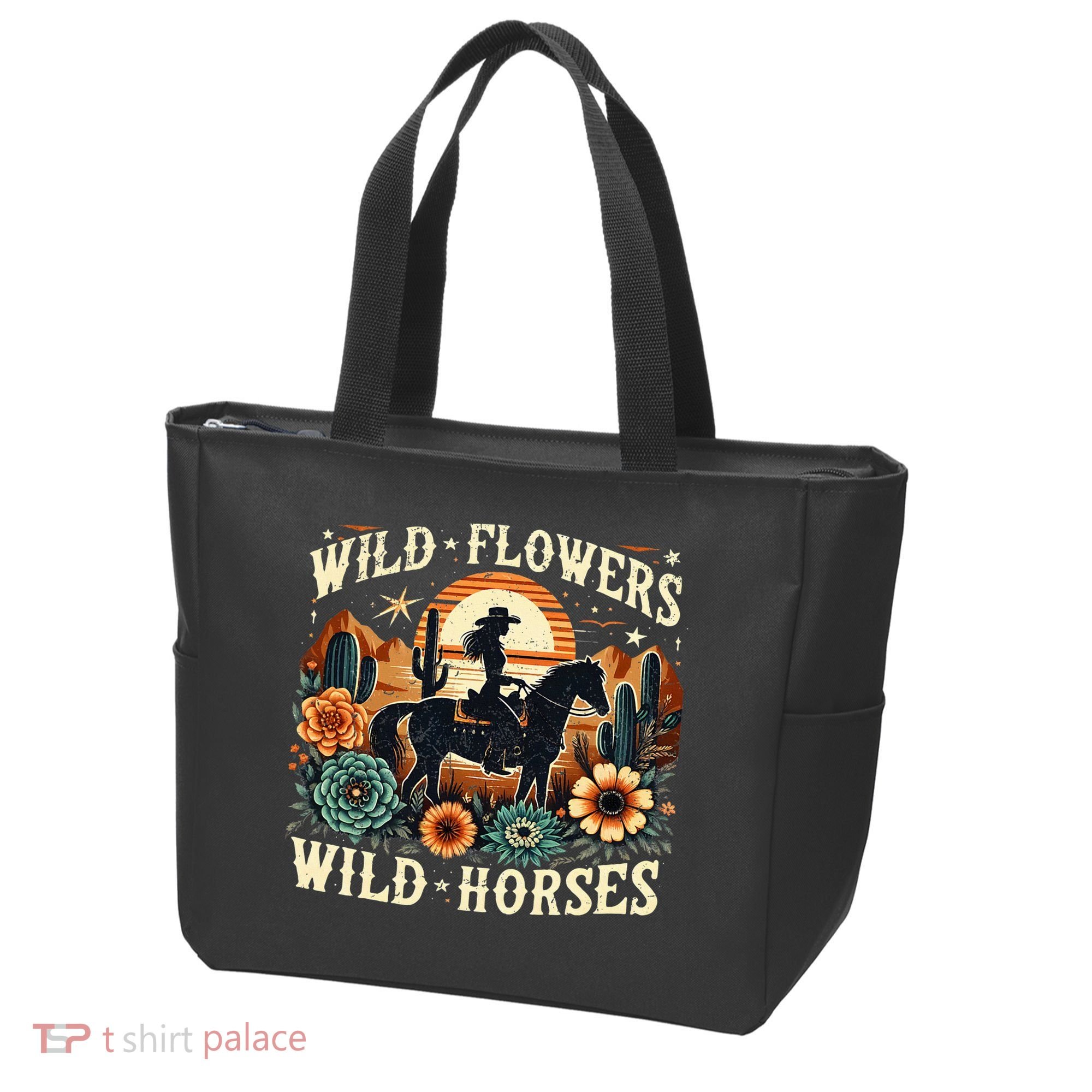Retro Southern Sunset Cowgirl Wild Flowers Wild Horses Tote Bag