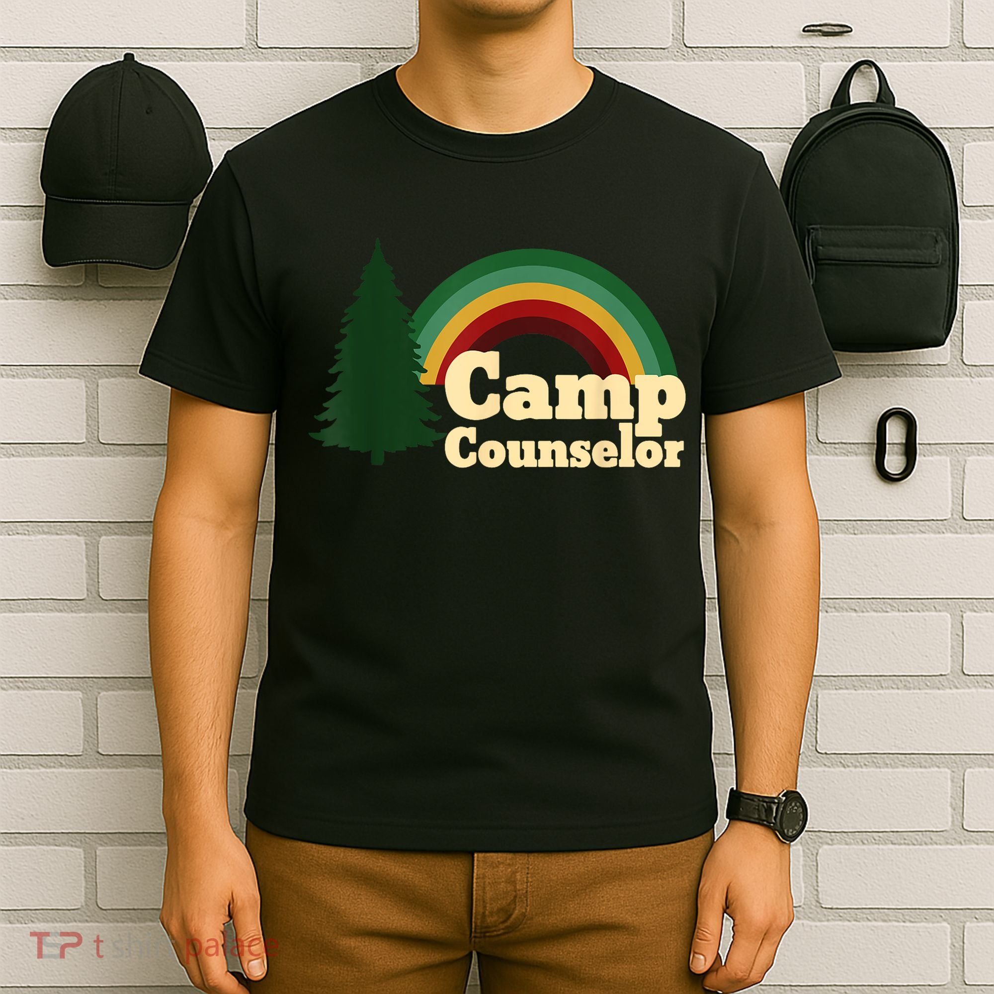 Retro Summer Staff Rainbow Camp Counselor Pine Tree Gift T-Shirt