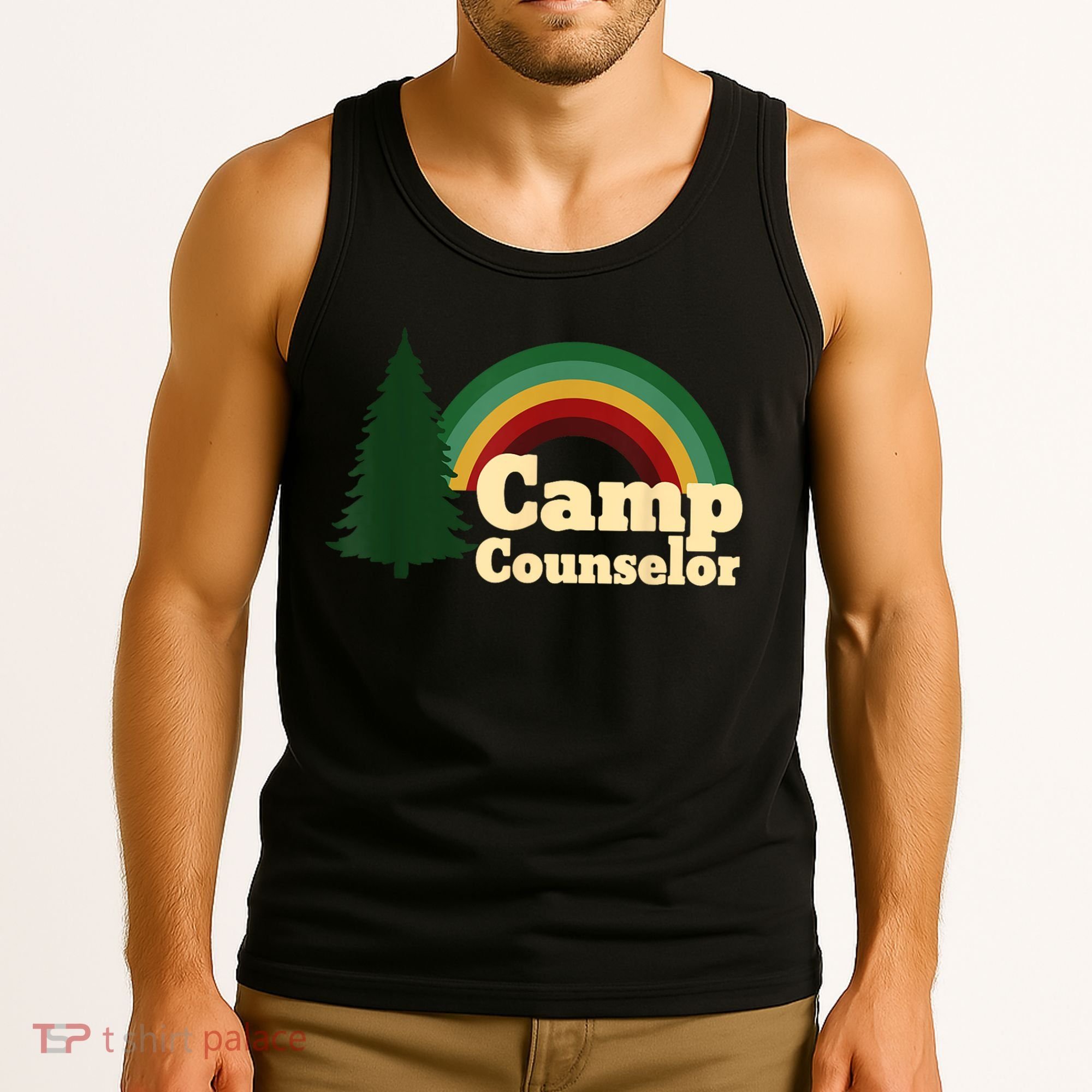 Retro Summer Staff Rainbow Camp Counselor Pine Tree Gift Tank Top